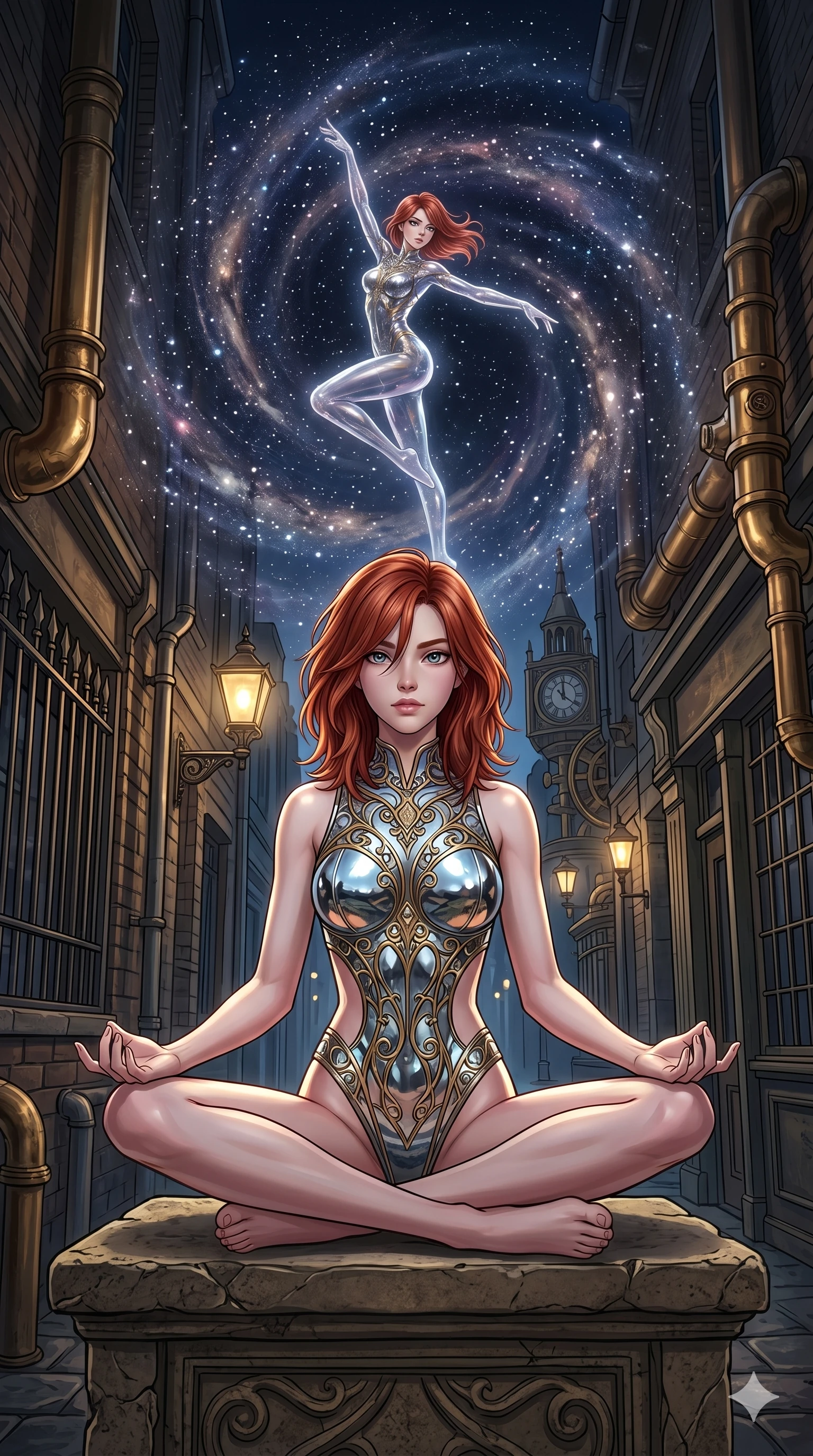 score_9, masterpiece, best quality, ultra-detailed, Set A: High-budget Anime Keyframe, Caucasian (human ears) woman. Low angle cowboy shot filling the entire 9:16 frame with her statuesque presence. Theme: Primal Nature. meditating in a steampunk London alleyway, as her reflection in the air starts to dance independently 115. The atmosphere is filled with a swirling vortex of stars. She has an absolutely perfect 8-heads proportion, an exceptionally tall and slender female figure with impossibly long slender legs and an ultra-slim waist. Sharp v-shaped jawline, high-bridge nose, intricate jewel-like eyes with depth, glossy lips. Wearing Mirror-surface metallic bodysuit that reflects the environment, with high-cut legs. Cinematic lighting, vivid colors, dramatic shadows, 2k, ultra detail, master piece, 9:16 ratio
