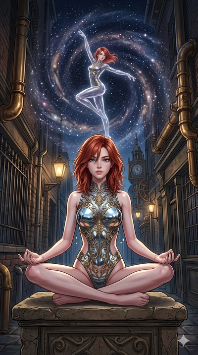score_9, masterpiece, best quality, ultra-detailed, Set A: High-budget Anime Keyframe, Caucasian (human ears) woman. Low angle cowboy shot filling the entire 9:16 frame with her statuesque presence. Theme: Primal Nature. meditating in a steampunk Lon