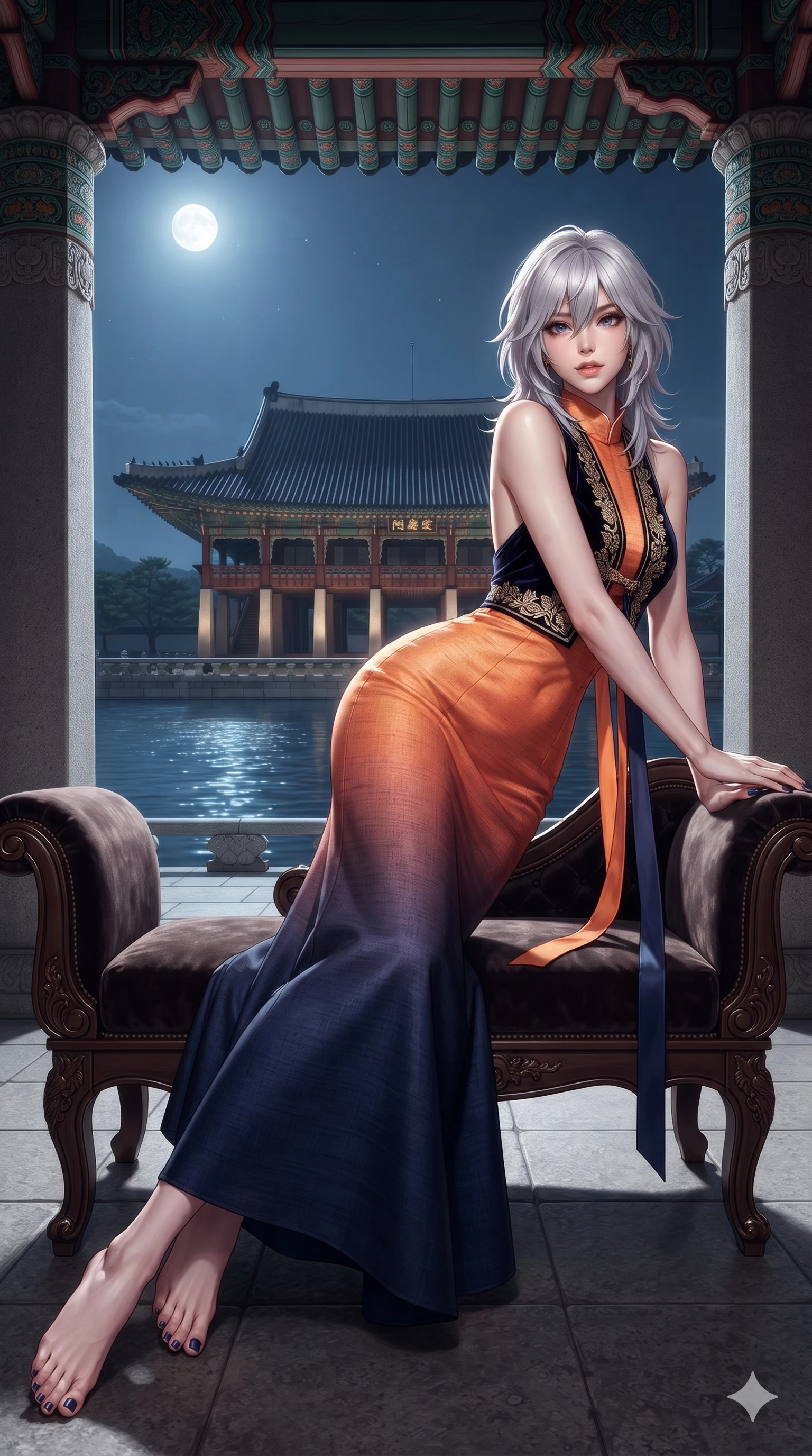 score_9, masterpiece, best quality, ultra-detailed, high-budget anime keyframe, editorial fashion photography, tasteful artistic composition, Japanese woman. low angle full-body shot from head to toe showing her feet, filling the entire 9:16 vertical frame with her statuesque presence, stretching her vertical silhouette. reclining gracefully across the plush chaise lounge with one leg extended, her sculpted silhouette and flat midriff radiating magnetic nocturnal glamour while standing between monumental stone pavilion columns, arching her lower back to emphasize her curvy hips against the moonlit lake. The surrounding environment is rendered in vivid detail and crisp panoramic clarity: detailed tiered sheer tulle gown tailoring, corseted waist structure, and historic Korean palace craftsmanship in razor-sharp clarity. She has an absolutely perfect, statuesque 8.5-heads proportion, an exceptionally tall and slender model-like female figure with impossibly long slender legs, an ultra-slim waist, a flat toned midriff, narrow delicate ribcage, and beautifully sculpted feminine hips creating a graceful, slim hourglass silhouette without any bulky heaviness. sharp v-shaped jawline, high-bridge nose, sparkling eyes with hypnotic seductive depth, thick curled eyelashes, glossy parted lips with a natural dewy peach sheen, alluring bedroom-eyes with an enchanting coquettish smile, exuding magnetic siren charisma and sophisticated glamour, flawlessly proportioned anatomical accuracy, strict slender model proportions, natural body alignment, perfectly sculpted long slender limbs, ultra-slim waistline, clean dynamic posture without body distortion. wearing an aristocratic black velvet baeja vest worn over a tailored high-neck ivory silk maxi dress in sunset tangerine orange and deep navy indigo, woven from bespoke Korean ramie fabric with crisp tactile slub texture, finished with long silk ribbon ties fluttering down her bare spine from a backless halter, the bespoke structured tailoring following the natural line of her 8.5-heads silhouette with refined elegance. bathed in brilliant 4000K moonbeams sweeping across open palace waters. ultra-reflective glossy finish, specular highlights, rich textural contrasts, high-contrast stereoscopic depth, volumetric dynamic lighting, 2k, ultra detail, master piece, 9:16 ratio