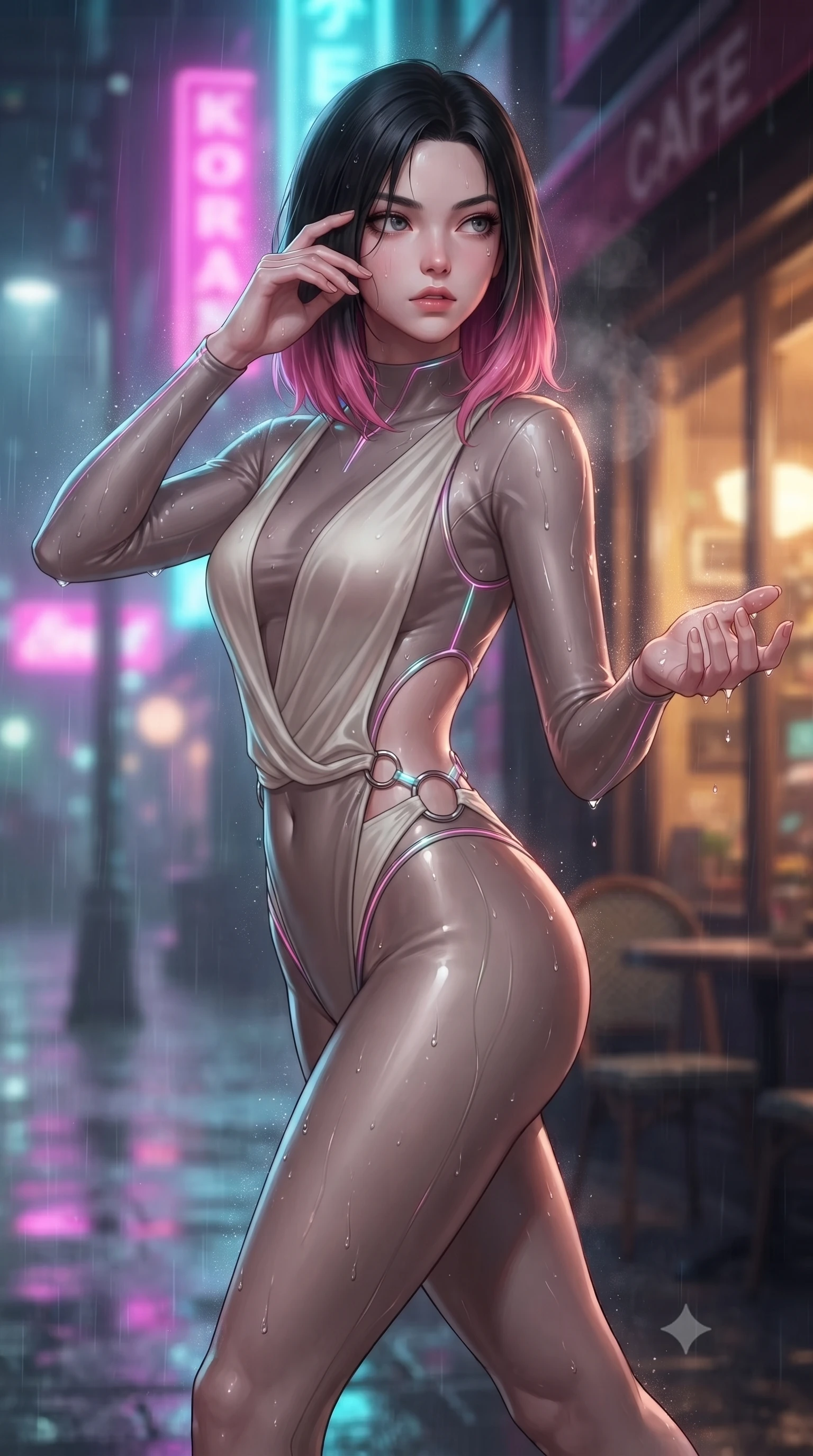 score_9, masterpiece, best quality, ultra-detailed, high-budget anime keyframe, editorial fashion photography, tasteful artistic composition, Korean woman. close-up cowboy shot from the waist and thighs up, the character dominates the composition, filling the frame with her large presence, background elements kept in soft focus. Resting her fingers gracefully near her temple, casting a sharp mysterious side-gaze during her stride while reaching forward with one hand to catch rain droplets catching neon speculars, soft urban mist scattering vibrant magenta and cyan neon rim light around her form. She has an exceptionally elegant, slender, and willowy female figure with an ultra-slim waist, a gracefully sculpted slender torso, and a refined silhouette. sharp v-shaped jawline, high-bridge nose, intricate jewel-like eyes with depth, thick eyelashes, glossy lips with a natural sheen, flawlessly proportioned anatomical accuracy, natural body alignment, perfectly sculpted elegant limbs, clean dynamic posture without body distortion. wearing a skin-tight cybernetic bodysuit with glowing neon seams and side cutouts in muted taupe and soft ivory, crafted from lustrous satin jersey with fluid draping, accented with delicate chrome ring hardware framing her waist, the form-contouring material highlighting her ultra-slim waist and long lines. illuminated by warm indoor golden light and cool rainy blue neon rim light. ultra-reflective glossy finish, specular highlights, metallic sheen, high-contrast stereoscopic depth, volumetric dynamic lighting, 2k, ultra detail, master piece, 9:16 ratio