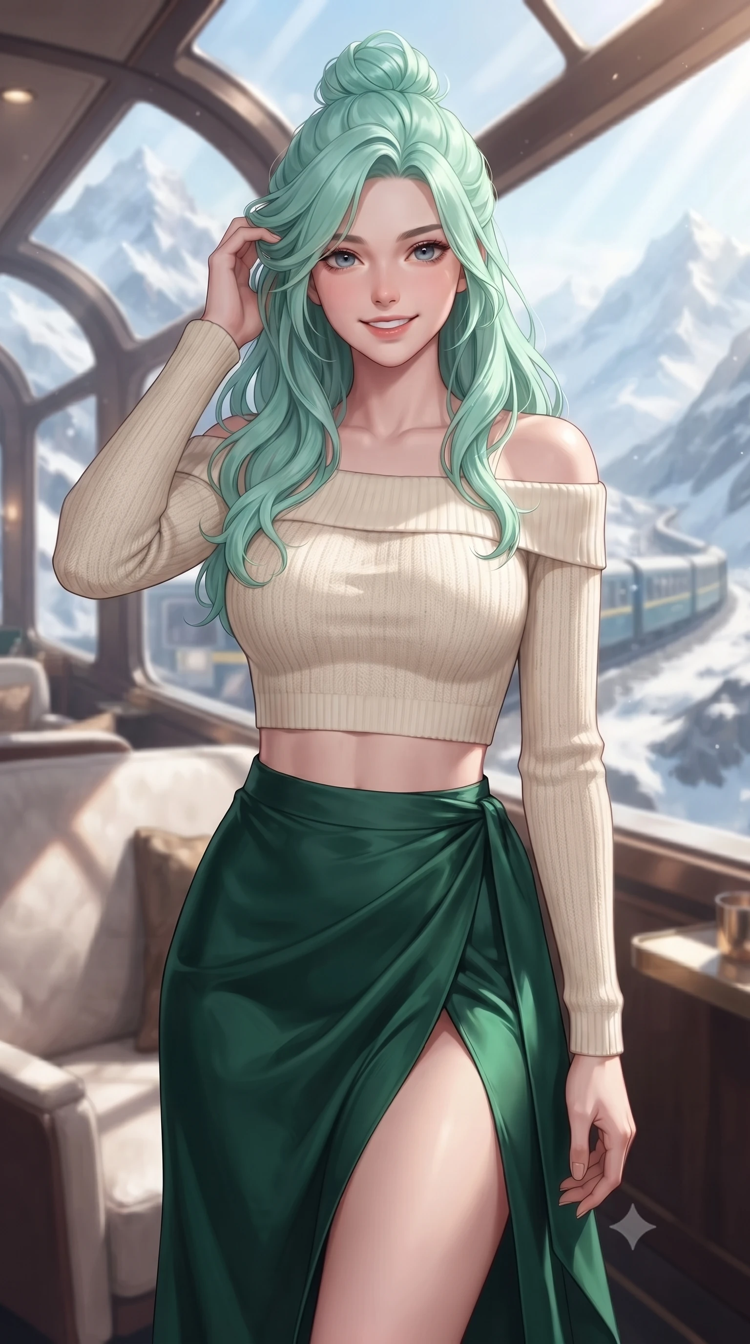 score_9, masterpiece, best quality, ultra-detailed, high-budget anime keyframe, editorial fashion photography, tasteful artistic composition, Japanese woman. close-up cowboy shot from the waist and thighs up, the character dominates the composition, filling the frame with her large presence, background elements kept in soft focus. smiling with quiet, magnetic self-assurance directly into the camera, running a hand through her hair the background shows a soft-focus the curved glass lounge of a luxury train winding through snowy mountain peaks. She has an exceptionally elegant, slender, and willowy female figure with an ultra-slim waist, a gracefully sculpted slender torso, and a refined silhouette. sharp v-shaped jawline, high-bridge nose, intricate jewel-like eyes with depth, thick eyelashes, glossy lips with a natural sheen. wearing a slim-fit cropped off-shoulder knit top in cream paired with a high-slit wrap skirt in emerald green. bright morning alpine sunbeams filtering through the panorama window glass. ultra-reflective glossy finish, specular highlights, metallic sheen, high-contrast stereoscopic depth, volumetric dynamic lighting, 2k, ultra detail, master piece, 9:16 ratio