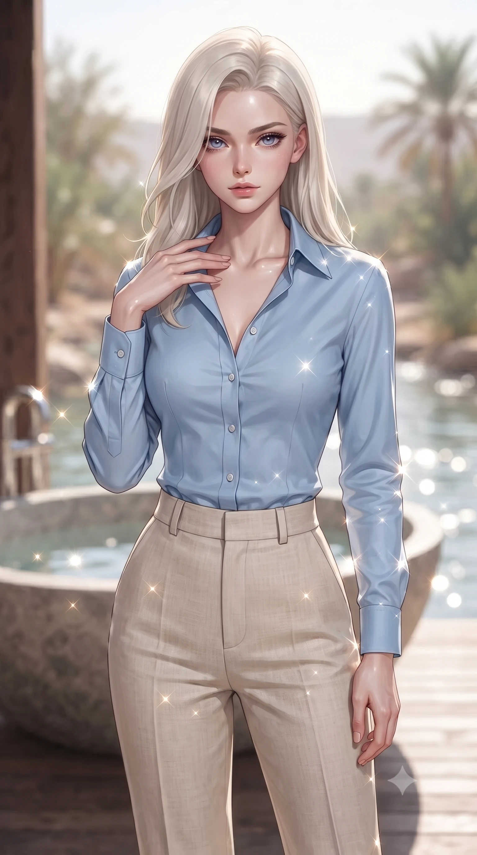 score_9, masterpiece, best quality, ultra-detailed, high-budget anime keyframe, editorial fashion photography, tasteful artistic composition, Caucasian woman. close-up cowboy shot from the waist and thighs up, the character dominates the composition, filling the frame with her large presence, background elements kept in soft focus. standing with one hand resting on her collarbone, looking at the viewer with bedroom-eyes the background shows a soft-focus a stone bath tub on a private deck overlooking a quiet desert oasis stream. She has an exceptionally elegant, slender, and willowy female figure with an ultra-slim waist, a gracefully sculpted slender torso, and a refined silhouette. sharp v-shaped jawline, high-bridge nose, intricate jewel-like eyes with depth, thick eyelashes, glossy lips with a natural sheen. wearing a slim-fit tailored sky blue button-down shirt tucked into high-waisted beige linen trousers. bright morning sun rays creating sparkling glints on the water and her form. ultra-reflective glossy finish, specular highlights, metallic sheen, high-contrast stereoscopic depth, volumetric dynamic lighting, 2k, ultra detail, master piece, 9:16 ratio