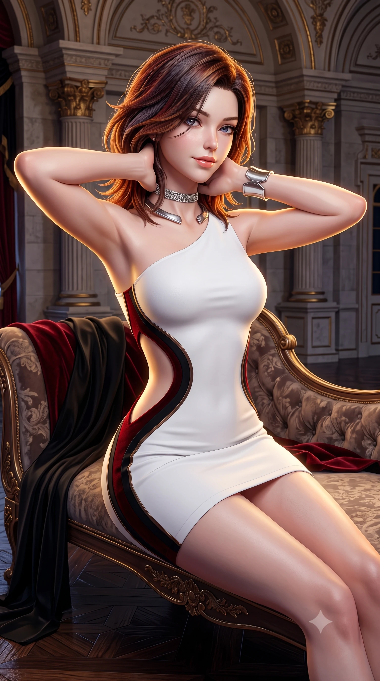 score_9, masterpiece, best quality, ultra-detailed, high-budget anime keyframe, semi-realistic 3D game render, editorial fashion photography, tasteful artistic composition, Korean woman. close-up cowboy shot from the waist and thighs up, the character dominates the composition, filling the frame with her large presence. resting both hands lightly behind her neck with elbows raised, arching her spine to highlight her narrow waist, flat midriff, and breathtaking collarbones while lounging across an ornate velvet-upholstered chaise lounge, her long slender legs and hourglass silhouette commanding the nocturnal hall. The surrounding environment is rendered in vivid detail and crisp panoramic clarity: detailed satin slip gown drape, diamond choker shine, and palatial ballroom architecture in high resolution. She has an exceptionally elegant, slender, and willowy female figure with an ultra-slim waist, flat toned midriff, narrow ribcage, and sculpted feminine hips creating an alluring, slim hourglass silhouette without bulk. sharp v-shaped jawline, high-bridge nose, sparkling eyes with hypnotic seductive depth, thick curled eyelashes, glossy parted lips with a natural dewy peach sheen, alluring bedroom-eyes with an enchanting coquettish smile, exuding magnetic siren charisma and sophisticated glamour, flawlessly proportioned anatomical accuracy, strict slender model proportions, natural body alignment, perfectly sculpted long slender limbs, ultra-slim waistline, clean dynamic posture without body distortion. wearing an asymmetric one-shoulder white neoprene mini dress with sharp laser-cut side openings framing her spine and hips in deep blood-red velvet and midnight obsidian black with antique bronze trims, tailored from fine structural neoprene with crisp architectural edges and smooth contouring, finished with a sculptural silver torque collar and a matching wide architectural wrist cuff, the liquid-tight tailored fabric clinging flawlessly to her narrow waist and rounded feminine hips, emphasizing every millimeter of her sculpted slim hourglass curves without any bulky heaviness. illuminated by parquet floor reflection fill and sharp golden rim lights defining her razor-sharp jawline, narrow waist, and curvy hips. highly saturated vibrant anime colors, detailed shading with soft gradients, rich glossy textures, high-contrast stereoscopic depth, volumetric dynamic lighting, master piece, 9:16 ratio