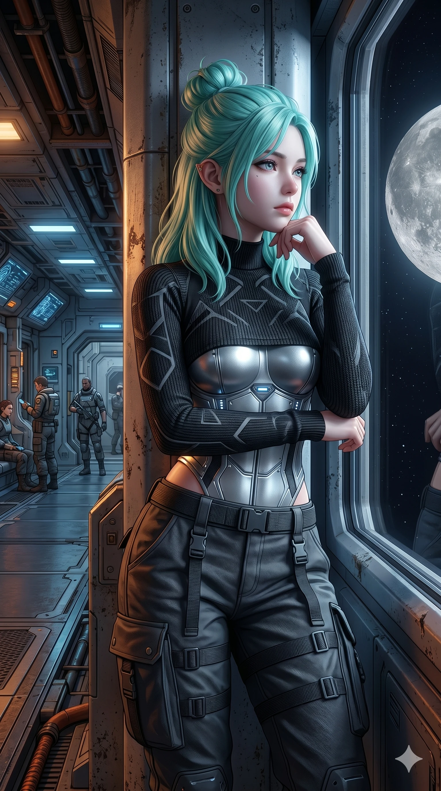 score_9, masterpiece, best quality, ultra-detailed, high-budget anime keyframe, semi-realistic 3D game render, Japanese woman. Upper body close-up from the thighs up, character filling the screen for maximum presence. Inside a space station corridor with windows showing the moon, leaning against a structural pillar, looking out with a thoughtful expression. She is wearing a cropped cyber-knit top over a structured silver bodice and dark cargo pants. The scene is bathed in the cool white light of the moon and warm corridor lights. 2k, ultra detail, master piece, 9:16 ratio