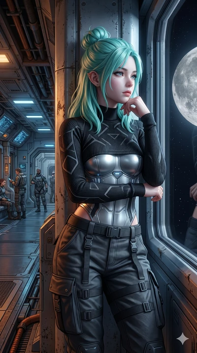 score_9, masterpiece, best quality, ultra-detailed, high-budget anime keyframe, semi-realistic 3D game render, Japanese woman. Upper body close-up from the thighs up, character filling the screen for maximum presence. Inside a space station corridor 