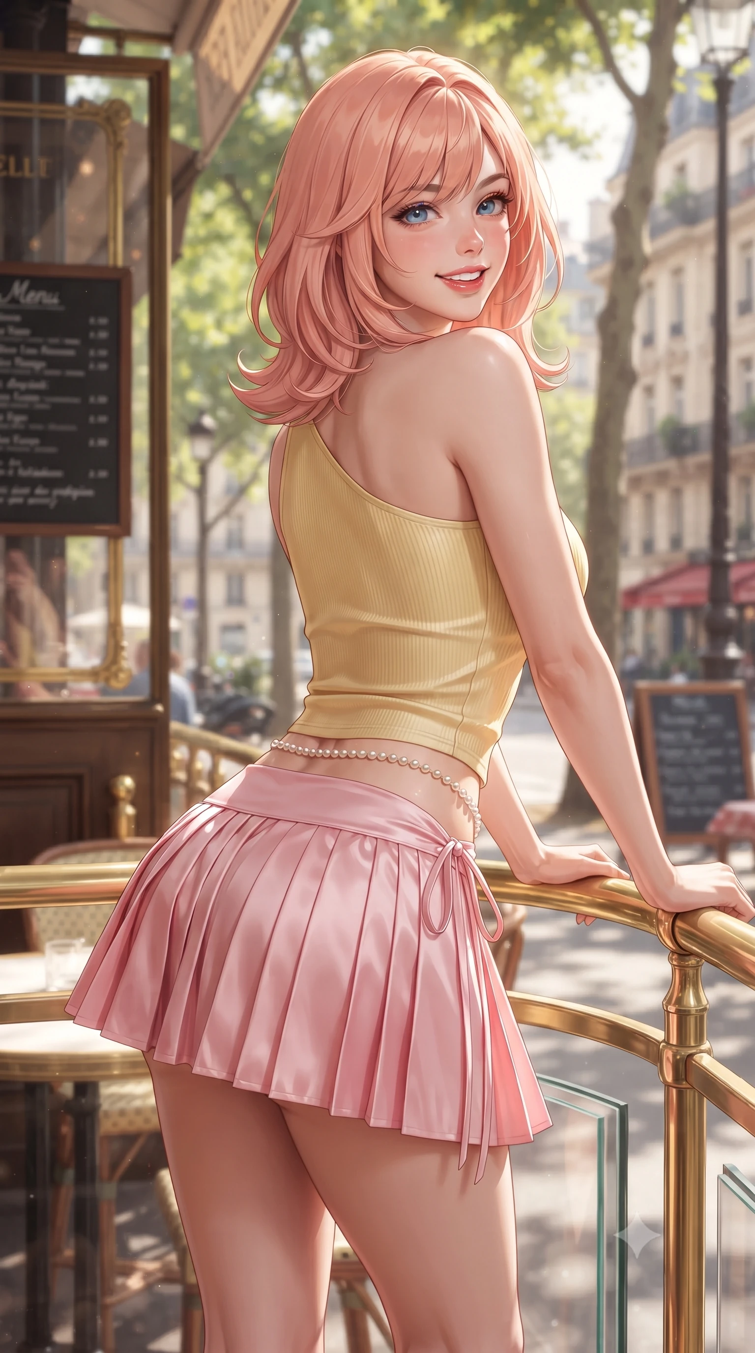 score_9, masterpiece, best quality, ultra-detailed, high-budget anime keyframe, editorial fashion photography, tasteful artistic composition, Japanese woman. close-up cowboy shot from the waist and thighs up, the character dominates the composition, filling the frame with her large presence. leaning back against the sunlit railing with relaxed seductive grace, her flat midriff and narrow waist highlighted as she smiles brightly with bewitching eyes while leaning against the cafe's brass-trimmed entrance with hips cocked back, glancing over a bare shoulder with an audacious, chic Parisian gaze. The surrounding environment is rendered in vivid detail and crisp panoramic clarity. detailed tailored jacket and skirt texture, morning sun glints on skin, and Paris boulevard architecture in high clarity. She has an exceptionally elegant, slender, and willowy female figure with an ultra-slim waist, flat toned midriff, narrow ribcage, and sculpted feminine hips creating an alluring, slim hourglass silhouette without bulk. sharp v-shaped jawline, high-bridge nose, intricate jewel-like sparkling eyes with depth, thick eyelashes, glossy parted lips with a natural peach sheen, bright cheerful beaming smile with an enchanting and coquettish sensual glint, exuding both youthful cute charm and seductive allure, flawlessly proportioned anatomical accuracy, strict slender model proportions, natural body alignment, perfectly sculpted long slender limbs, ultra-slim waistline, clean dynamic posture without body distortion. wearing an asymmetrical one-shoulder ribbed top paired with a micro-pleated skirt with side hip ties in sweet strawberry milk pink and butter yellow, made of smooth fluid silk satin with a delicate pearlescent sheen, accented with a dainty pearl waist chain catching the ambient sunlight, the form-contouring cut accentuating her sculpted flat midriff, narrow delicate ribcage, and gracefully curvy hips with supermodel precision. bathed in soft, flattering morning Parisian sunlight filtering through tree canopies. ultra-reflective glossy finish, specular highlights, rich textural contrasts, high-contrast stereoscopic depth, volumetric dynamic lighting, 2k, ultra detail, master piece, 9:16 ratio