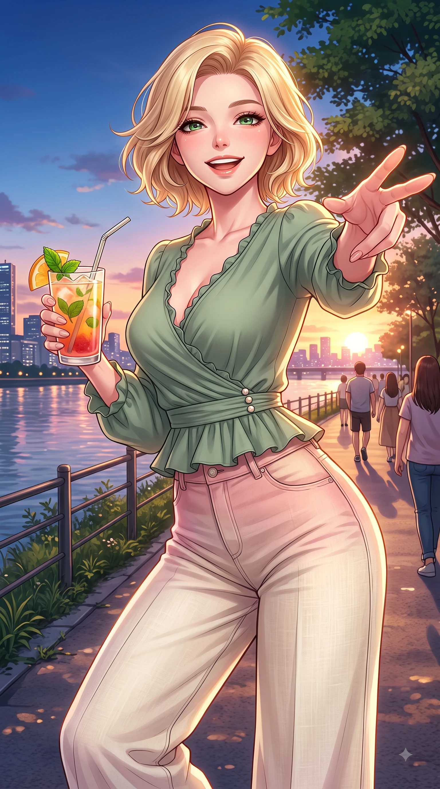 score_9, masterpiece, best quality, ultra-detailed, high-budget anime keyframe, editorial fashion photography, tasteful artistic composition, Caucasian woman. close-up cowboy shot from the waist and thighs up, the character dominates the composition, filling the frame with her large presence. Tilting her chin up with a sweet beaming smile of pure delight while balancing dynamically amidst the scene while reaching one hand out playfully toward the camera holding a refreshing fruit drink with a sweet grin. The surrounding environment is rendered in vivid detail and crisp panoramic clarity. scenic riverside walking paths and twinkling city skyline outlines in rich clarity. She has an exceptionally elegant, slender, and willowy female figure with an ultra-slim waist, a gracefully sculpted slender torso, and a refined silhouette. sharp v-shaped jawline, high-bridge nose, intricate jewel-like eyes with depth, thick eyelashes, glossy lips with a natural sheen, flawlessly proportioned anatomical accuracy, natural body alignment, perfectly sculpted elegant limbs, clean dynamic posture without body distortion. wearing an elegant sage green wrap blouse with wide-leg cream linen trousers in cherry blossom pink and soft beige, made of comfortable premium stretch denim and soft jersey, finished with subtle ruffle trims and delicate pearl buttons, the relaxed yet flattering fit accentuating her naturally graceful and slender figure. illuminated by soft glowing sunset reflections with cheerful golden rim lights. highly saturated vibrant anime colors, detailed shading with soft gradients, rich glossy textures, high-contrast stereoscopic depth, volumetric dynamic lighting, master piece, 9:16 ratio