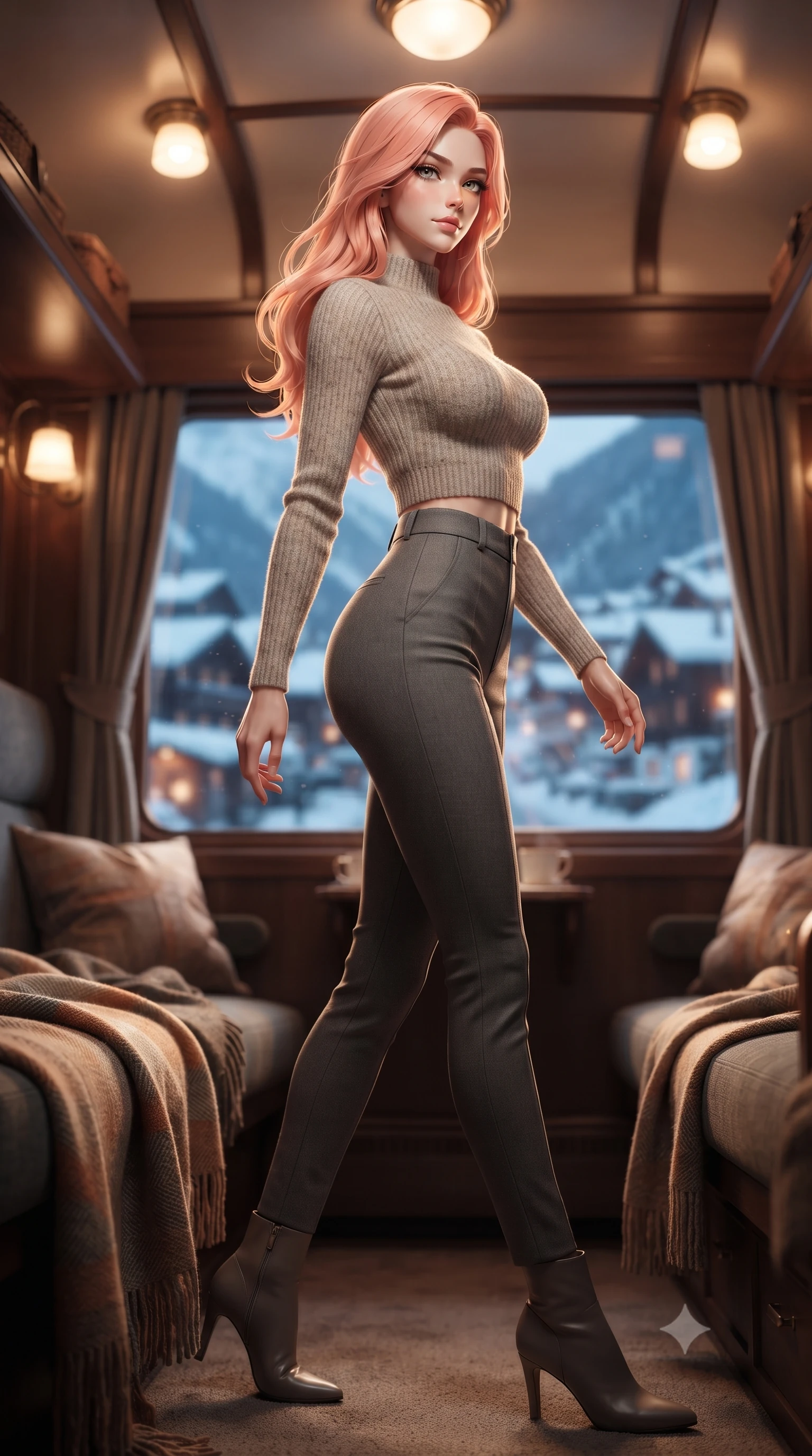 score_9, masterpiece, best quality, ultra-detailed, high-budget anime keyframe, editorial fashion photography, tasteful artistic composition, Japanese woman. low angle full-body shot from head to toe showing her feet, filling the entire 9:16 vertical frame with her statuesque presence, stretching her vertical silhouette. stepping gracefully while looking back over her shoulder, her dress draped tightly to reveal her silhouette the background shows a soft-focus a cozy train compartment with woolen blankets and a view of a snowy alpine village. She has an absolutely perfect, statuesque 8.5-heads proportion, an exceptionally tall and slender model-like female figure with impossibly long slender legs and an ultra-slim waist. sharp v-shaped jawline, high-bridge nose, intricate jewel-like eyes with depth, thick eyelashes, glossy lips with a natural sheen. wearing a slim-fit tight-fitting crop sweater in oatmeal wool, paired with high-waisted form-fitting pants. warm glowing ceiling lights contrasting with the cool blue snow reflections. ultra-reflective glossy finish, specular highlights, metallic sheen, high-contrast stereoscopic depth, volumetric dynamic lighting, 2k, ultra detail, master piece, 9:16 ratio