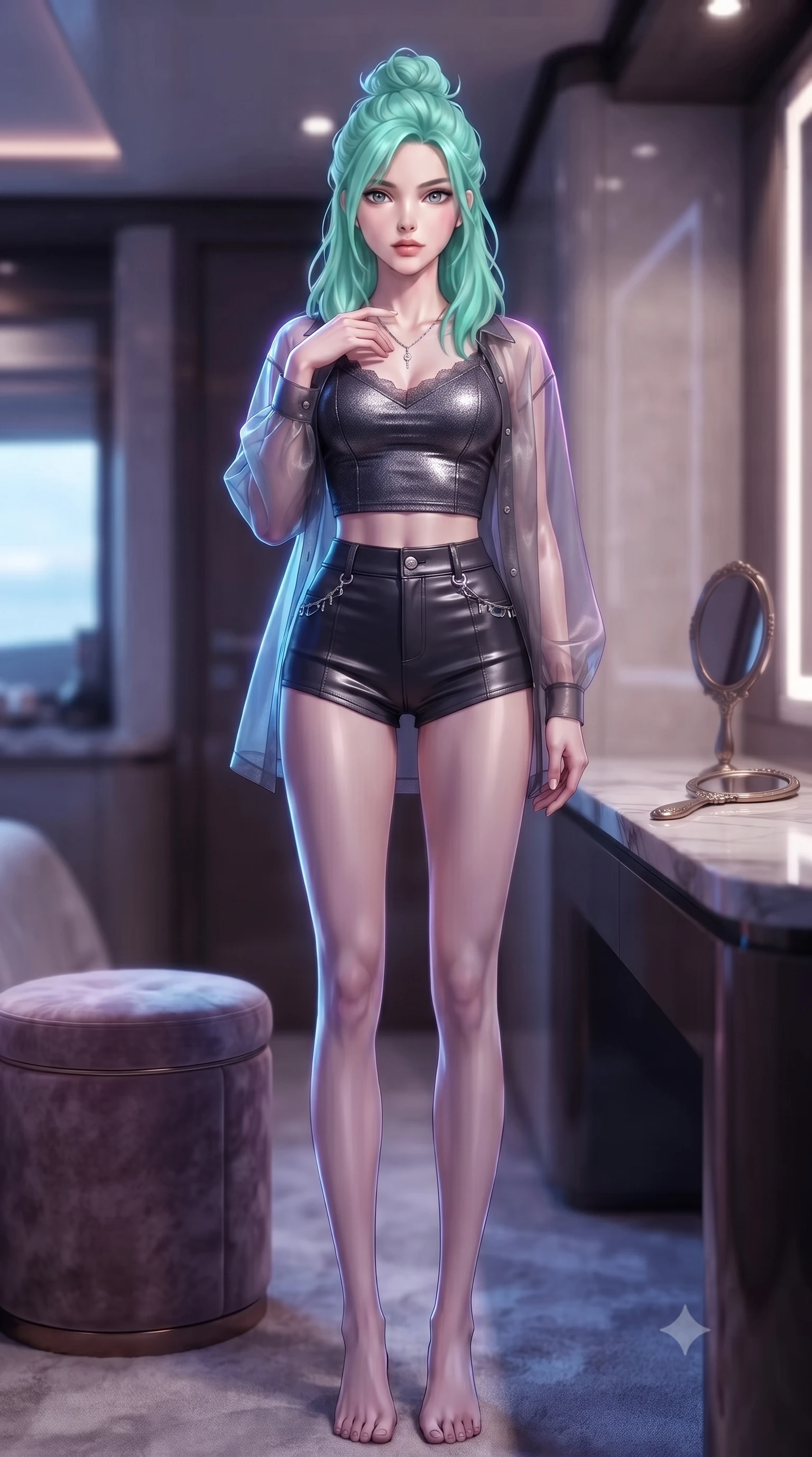 score_9, masterpiece, best quality, ultra-detailed, high-budget anime keyframe, editorial fashion photography, tasteful artistic composition, Japanese woman. low angle full-body shot from head to toe showing her feet, filling the entire 9:16 vertical frame with her statuesque presence, stretching her vertical silhouette. standing tall with statuesque grace, tracing a single finger down her necklace with a smoldering, magnetic expression set against a soft-focus background of inside an exclusive yacht cabin with a velvet-wrapped stool and an antique hand mirror resting on a marble counter. She has an absolutely perfect, statuesque 8.5-heads proportion, an exceptionally tall and slender model-like female figure with impossibly long slender legs and an ultra-slim waist. sharp v-shaped jawline, high-bridge nose, intricate jewel-like eyes with depth, thick eyelashes, glossy lips with a natural sheen. wearing slim-fit charcoal metallic jersey delicate lace-trim crop top worn under a sheer organza cardigan with high-waist micro-shorts accented with delicate silver hardware. drenched in dramatic neon rim-lighting that traces the sleek contours of her figure. ultra-reflective glossy finish, specular highlights, metallic sheen, high-contrast stereoscopic depth, volumetric dynamic lighting, 2k, ultra detail, master piece, 9:16 ratio