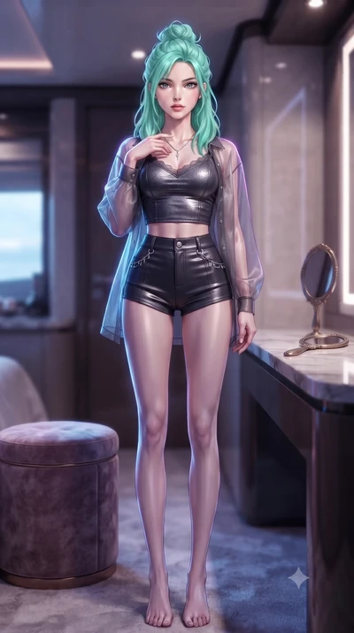 score_9, masterpiece, best quality, ultra-detailed, high-budget anime keyframe, editorial fashion photography, tasteful artistic composition, Japanese woman. low angle full-body shot from head to toe showing her feet, filling the entire 9:16 vertical