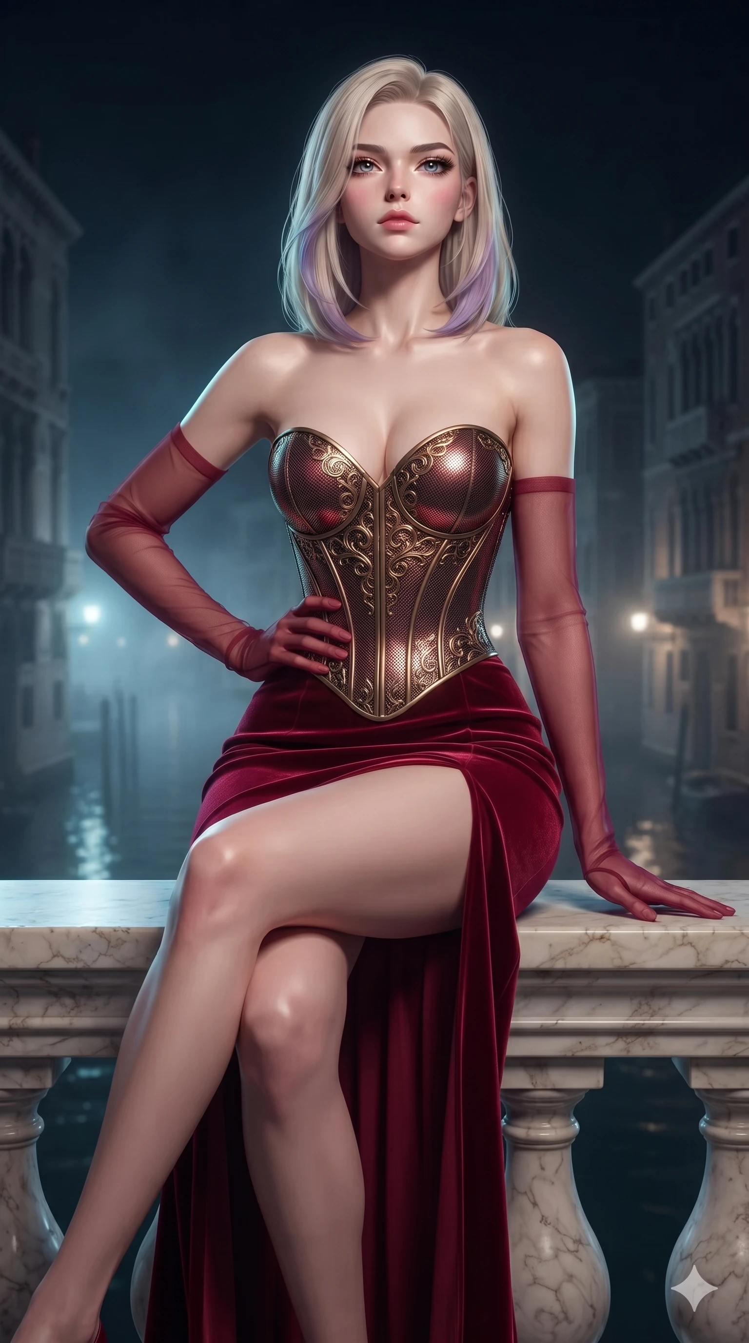 score_9, masterpiece, best quality, ultra-detailed, high-budget anime keyframe, editorial fashion photography, tasteful artistic composition, Caucasian woman. close-up cowboy shot from the waist and thighs up, the character dominates the composition, filling the frame with her large presence. tilting her chin up with proud, sovereign allure while gazing through thick eyelashes, one hand resting on her waist in pure supermodel charisma while sitting perched on the carved marble balustrade with legs crossed, her long slender limbs and statuesque 8.5-heads silhouette commanding the water gate. The composition keeps background elements in soft focus with creamy bokeh: nocturnal canal mist softened in historic palazzo water gate shallow focus. She has an exceptionally elegant, slender, and willowy female figure with an ultra-slim waist, flat toned midriff, narrow ribcage, and sculpted feminine hips creating an alluring, slim hourglass silhouette without bulk. sharp v-shaped jawline, high-bridge nose, intricate jewel-like eyes with depth, thick eyelashes, glossy parted lips with a natural sheen, intensely captivating and seductive bedroom-eyes expression, flawlessly proportioned anatomical accuracy, strict slender model proportions, natural body alignment, perfectly sculpted long slender limbs, ultra-slim waistline, clean dynamic posture without body distortion. wearing a strapless velvet column gown with deep side slit, metallic leather corset bodice, and sheer opera gloves in royal crimson velvet and burnished gold, crafted from stretch micro-mesh with liquid foil coating that shimmers with every movement, complemented by sheer opera-length evening gloves tracing her slender arms, the form-contouring silhouette accentuating her sculpted flat midriff, narrow delicate ribcage, and gracefully curvy hips with intoxicating allure. illuminated by water reflection bounce and sharp cyan-amber rim lights defining her jawline, narrow waist, and curvy hips. ultra-reflective glossy finish, specular highlights, rich textural contrasts, high-contrast stereoscopic depth, volumetric dynamic lighting, 2k, ultra detail, master piece, 9:16 ratio