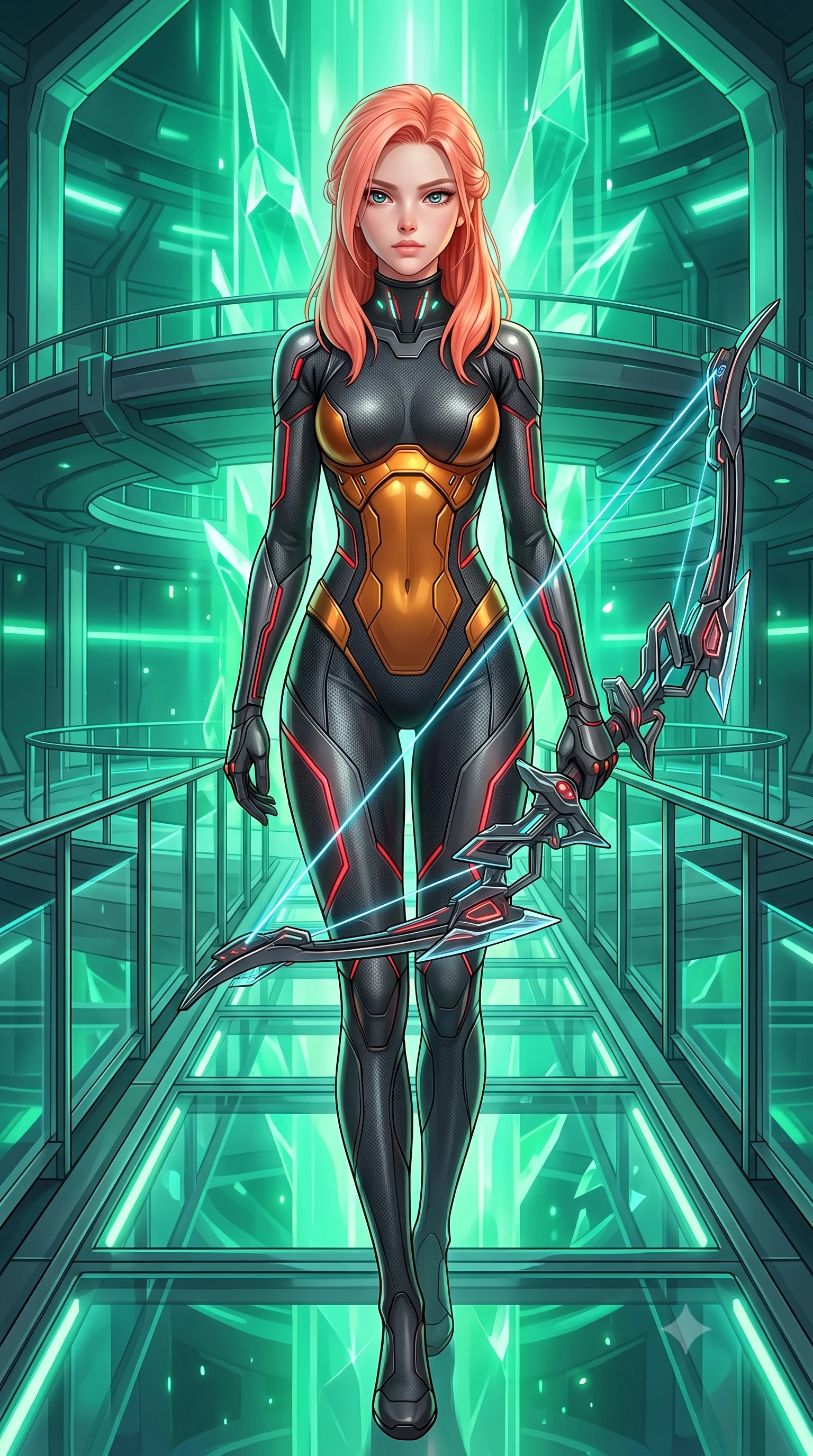 score_9, masterpiece, best quality, ultra-detailed, high-budget anime keyframe, semi-realistic 3D game render, editorial fashion photography, tasteful artistic composition, Japanese woman. close-up cowboy shot from the waist and thighs up, the character dominates the composition, filling the frame with her large presence. gazing forward with divine sovereign poise, captivating jewel-like eyes shining with transcendent focus while holding her weapon with effortless mastery while stepping along a glowing glass conduit bridge with energy bow held at her side, gazing forward with divine focus. The surrounding environment is rendered in vivid detail and crisp panoramic clarity. razor-sharp holographic bow limb geometries, glowing photon arrow string filaments, and reactor core facets in deep focus. She has an exceptionally elegant, slender, and willowy female figure with an ultra-slim waist, a gracefully sculpted slender torso, toned flat midriff, and a refined slim silhouette. sharp v-shaped jawline, high-bridge nose, intricate jewel-like eyes with depth, thick eyelashes, glossy lips with a natural sheen, flawlessly proportioned anatomical accuracy, strict slender model proportions, natural body alignment, perfectly sculpted long slender limbs, ultra-slim waistline, clean dynamic posture without body distortion. wearing a second-skin dark gunmetal carbon-weave battle-suit with crimson laser conduits, brandishing a sleek high-tech composite submachine weapon with effortless allure in molten amber-gold carbon cuirass with dark titanium weave, made of liquid carbon-jersey fabric adhering flawlessly to her sculpted silhouette, featuring a sleek aerodynamic collar framed by subtle glowing cybernetic status LEDs, the liquid-tight tailored fabric emphasizing every curve of her tall, slender model proportions and sculptured silhouette during dynamic movement. bathed in intense radiant emerald crystal core backlighting and glowing photon bow illumination. rich saturated anime colors with glowing neon highlights, detailed shading with soft gradients, rich glossy textures, high-contrast stereoscopic depth, volumetric dynamic lighting, master piece, 9:16 ratio