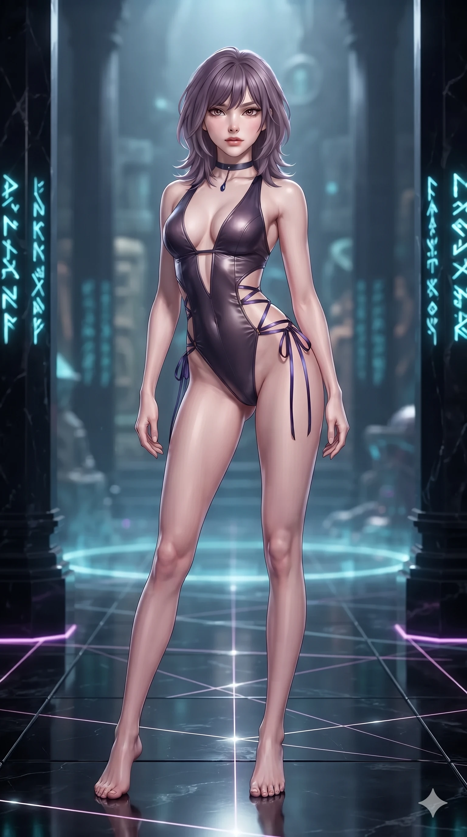 score_9, masterpiece, best quality, ultra-detailed, high-budget anime keyframe, editorial fashion photography, tasteful artistic composition, Japanese woman. low angle full-body shot from head to toe showing her feet, filling the entire 9:16 vertical frame with her statuesque presence, stretching her vertical silhouette. poised on the dark reflective floor while laser grids scan the room, her statuesque silhouette commanding the frame while twisting her slender torso in an alluring S-curve between towering obsidian pillars, glowing cyan runes casting intricate shadow patterns on her skin. The background shows a soft-focus cyber-occult subterranean sanctuary softened in mystical digital shallow focus. She has an absolutely perfect, statuesque 8.5-heads proportion, an exceptionally tall and slender model-like female figure with impossibly long slender legs, an ultra-slim waist, a flat toned midriff, narrow delicate ribcage, and beautifully sculpted feminine hips creating a graceful, slim hourglass silhouette without any bulky heaviness. sharp v-shaped jawline, high-bridge nose, intricate jewel-like dark sparkling eyes with hypnotic seductive depth, thick curled eyelashes, glossy parted lips with a natural wine sheen, alluring bedroom-eyes with an enigmatic smoldering smile, exuding magnetic sovereign charisma and dark avant-garde glamour, flawlessly proportioned anatomical accuracy, strict slender model proportions, natural body alignment, perfectly sculpted long slender limbs, ultra-slim waistline, clean dynamic posture without body distortion. wearing a low-slung cutaway leather bodysuit with bare hip flanks and criss-cross cord ties in iridescent dark violet taffeta and midnight indigo, made of supple butter-soft lambskin leather with a subtle satin sheen, finished with a minimalist dark choker and a single teardrop pendant, accentuating her gracefully sculpted slender torso and statuesque proportions. illuminated by holographic ground circle upward bounce and sharp electric-violet rim lights sculpting her razor-sharp jawline, narrow waist, and curvy hips. ultra-reflective glossy finish, specular highlights, metallic sheen, high-contrast stereoscopic depth, volumetric dynamic lighting, 2k, ultra detail, master piece, 9:16 ratio