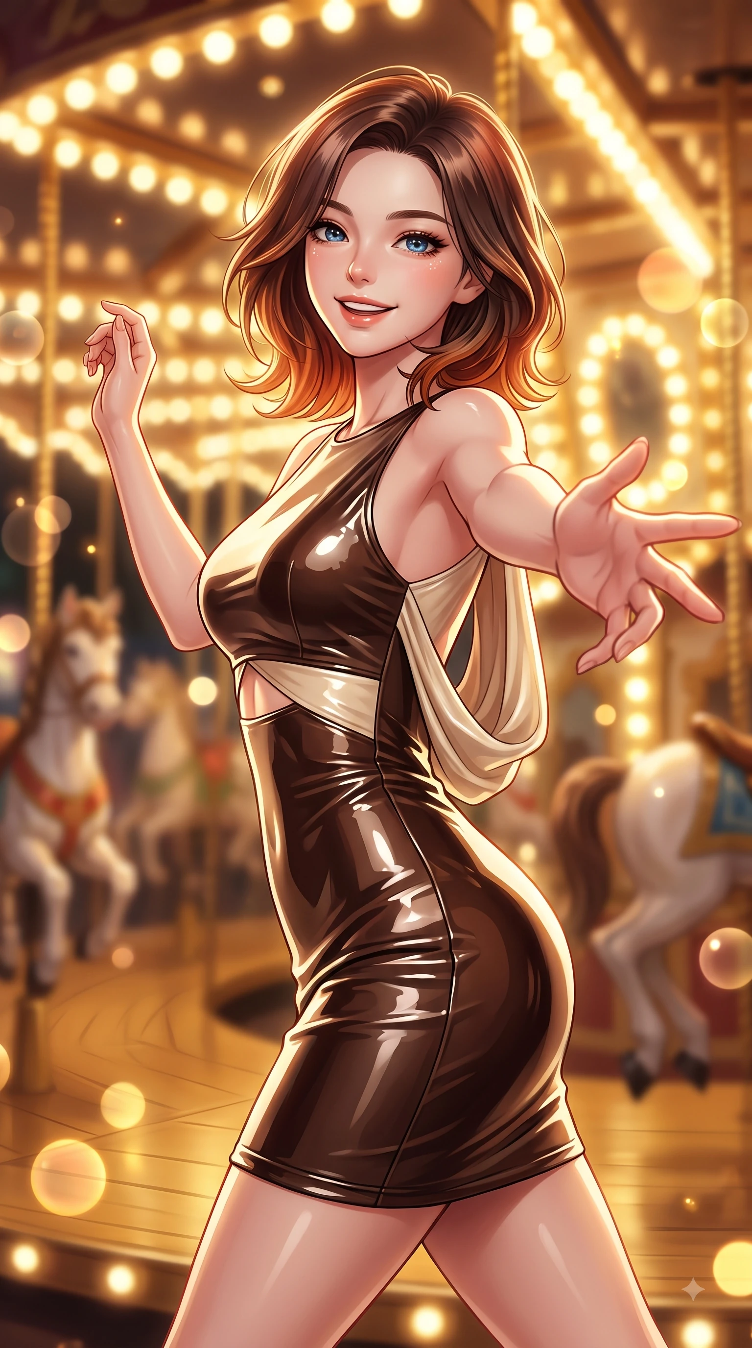 score_9, masterpiece, best quality, ultra-detailed, high-budget anime keyframe, editorial fashion photography, tasteful artistic composition, Korean woman. close-up cowboy shot from the waist and thighs up, the character dominates the composition, filling the frame with her large presence, background elements kept in soft focus. Enchanting happy smile, her eyes twinkling like jewels in the bright sunlight as one arm reaches out playfully while reaching one arm out playfully toward the camera while spinning on a golden carousel deck, thousands of warm vintage light bulbs casting glowing golden circles in soft bokeh. She has an exceptionally elegant, slender, and willowy female figure with an ultra-slim waist, a gracefully sculpted slender torso, and a refined silhouette. sharp v-shaped jawline, high-bridge nose, intricate jewel-like eyes with depth, thick eyelashes, glossy lips with a natural sheen, flawlessly proportioned anatomical accuracy, natural body alignment, perfectly sculpted elegant limbs, clean dynamic posture without body distortion. wearing a precision-fitted liquid jersey bodycon dress with a graceful draped back in espresso brown and warm cream, tailored from high-gloss patent leather, featuring subtle geometric cutouts that highlight her ultra-slim midriff, the glove-like fit emphasizing her statuesque silhouette during motion. illuminated by cheerful festive backlighting with soft golden bokeh bubbles. highly saturated vibrant anime colors, detailed shading with soft gradients, rich glossy textures, high-contrast stereoscopic depth, volumetric dynamic lighting, master piece, 9:16 ratio