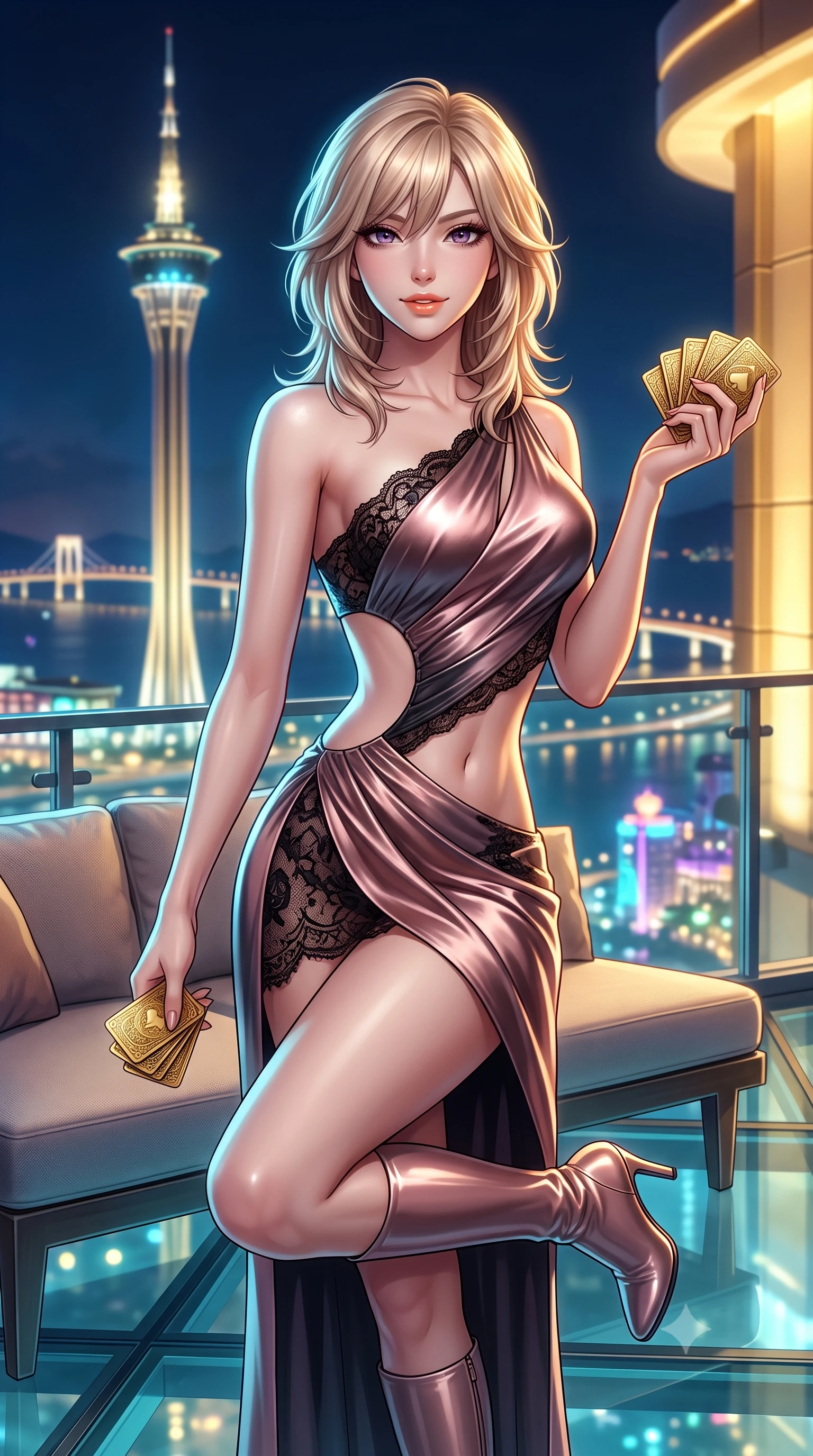 score_9, masterpiece, best quality, ultra-detailed, high-budget anime keyframe, semi-realistic 3D game render, editorial fashion photography, tasteful artistic composition, Japanese woman. close-up cowboy shot from the waist and thighs up, the character dominates the composition, filling the frame with her large presence. perched sideways on the lounge seat, one knee drawn up to showcase her slender leg line while her arched back accentuates her feminine hip curve while standing poised on the transparent glass balcony suspended sixty stories in the air, arching her back with breathless supermodel daring. The background shows a soft-focus the iconic glowing Macau Tower spire, sea bridges spanning the dark delta, and glittering casino skylines blurred into gold, cyan, and violet bokeh. She has an exceptionally elegant, slender, and willowy female figure with an ultra-slim waist, flat toned midriff, narrow ribcage, and sculpted feminine hips creating an alluring, slim hourglass silhouette without bulk. sharp v-shaped jawline, high-bridge nose, sparkling eyes with hypnotic seductive depth, thick curled eyelashes, glossy parted lips with a natural dewy peach sheen, alluring bedroom-eyes with an enchanting coquettish smile, exuding magnetic siren charisma and sophisticated glamour, flawlessly proportioned anatomical accuracy, strict slender model proportions, natural body alignment, perfectly sculpted long slender limbs, ultra-slim waistline, clean dynamic posture without body distortion. wearing an asymmetric one-shoulder metallic cocktail mini dress with a dramatic side cutout hugging her waist and hips in dusky blush rose and antique black chantilly lace, crafted from fluid liquid silk satin that clings smoothly to every curve with a dewy sheen, accented with a stack of engraved gold casino plaques held loosely in one hand, the high-slit wrap tailoring accentuating her ultra-slim waistline and the enchanting curve of her feminine hips with alluring seductive charm. bathed in exterior architectural facade floodlights combined with cool midnight delta breeze ambient fill. highly saturated vibrant anime colors, detailed shading with soft gradients, rich glossy textures, high-contrast stereoscopic depth, volumetric dynamic lighting, master piece, 9:16 ratio