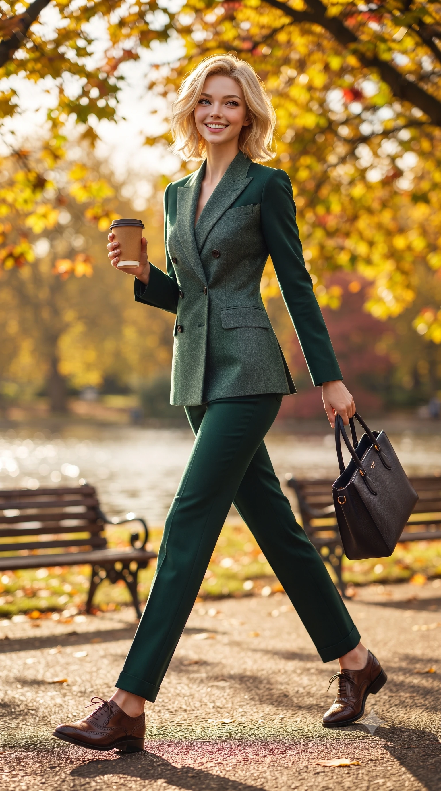 score_9, masterpiece, best quality, ultra-detailed, high-budget anime keyframe, editorial fashion photography, tasteful artistic composition, Caucasian woman. low angle full-body shot from head to toe showing her feet, filling the entire 9:16 vertical frame with her statuesque presence, stretching her vertical silhouette. walking briskly with tall supermodel strides, one hand holding her leather bag and the other swinging with energetic charm while walking forward with brisk supermodel poise, holding a warm paper coffee cup and leather tote bag with vibrant modern grace. The background shows a soft-focus canopy of vibrant yellow, bronze, and crimson autumn leaves, glittering Serpentine lake surface, and historic park benches blurred into golden amber and sapphire bokeh. She has an exceptionally tall and slender model-like 8.5-heads proportion, an ultra-slim waist, a flat toned midriff, narrow delicate ribcage, and beautifully sculpted feminine hips creating a graceful, slim hourglass silhouette without any bulky heaviness, with impossibly long slender legs. sharp v-shaped jawline, high-bridge nose, intricate jewel-like sparkling eyes with depth, thick eyelashes, glossy parted lips with a natural peach sheen, bright cheerful beaming smile with an enchanting and coquettish sensual glint, exuding both youthful cute charm and seductive allure, flawlessly proportioned anatomical accuracy, strict slender model proportions, natural body alignment, perfectly sculpted long slender limbs, ultra-slim waistline, clean dynamic posture without body distortion. wearing a refined double-breasted wool gabardine pantsuit with clean minimalist tailoring and a concealed placket in St. Moritz pine forest emerald and heather grey, crafted from fluid mulberry silk twill with an understated lustrous pearl finish, complemented by classic polished leather oxfords with brogue perforations, the expertly draped wool fabric falling in crisp fluid lines along her tall 8.5-heads silhouette, celebrating her slender frame without excess fabric bulk. bathed in crisp low-angle late-afternoon autumn sunlight filtering through a shimmering golden leaf canopy. ultra-reflective glossy finish, specular highlights, rich textural contrasts, high-contrast stereoscopic depth, volumetric dynamic lighting, 2k, ultra detail, master piece, 9:16 ratio