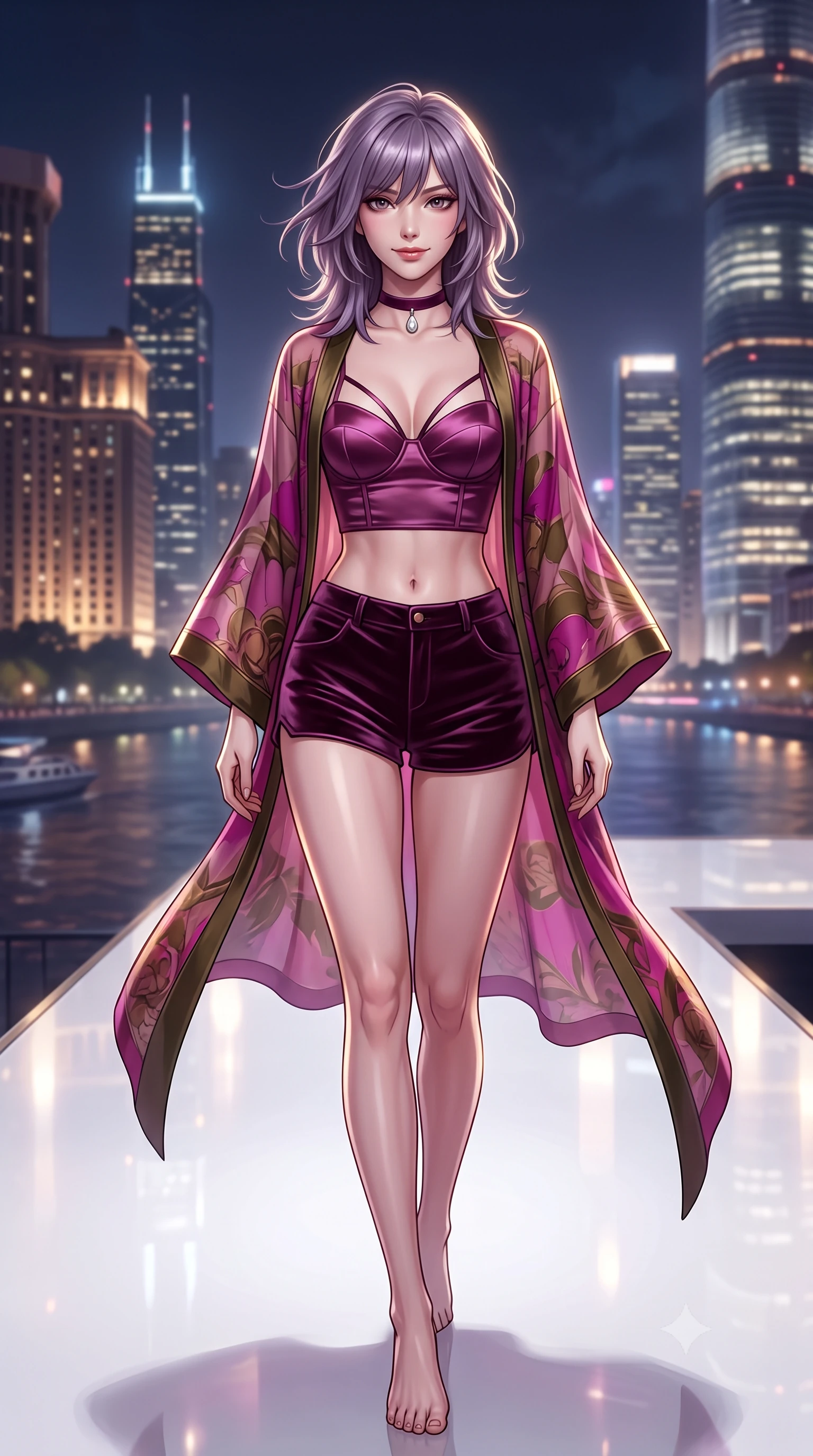 score_9, masterpiece, best quality, ultra-detailed, high-budget anime keyframe, semi-realistic 3D game render, editorial fashion photography, tasteful artistic composition, Japanese woman. close-up cowboy shot from the waist and thighs up, the character dominates the composition, filling the frame with her large presence. turning slowly with an enchanting smoldering smile, her glossy hair tossing in the breeze as her hips angle gracefully in a captivating contrapposto while walking slowly across the polished white resin floor with tall model strides, river lights reflecting beneath her long slender legs. The surrounding environment is rendered in vivid detail and crisp panoramic clarity: detailed backless sheer illusion halter catsuit, opaque geometric panels, and iconic skyline architecture in high resolution. She has an exceptionally elegant, slender, and willowy female figure with an ultra-slim waist, flat toned midriff, narrow ribcage, and sculpted feminine hips creating an alluring, slim hourglass silhouette without bulk. sharp v-shaped jawline, high-bridge nose, intricate jewel-like sparkling eyes with depth, thick eyelashes, glossy parted lips with a natural peach sheen, bright cheerful beaming smile with an enchanting and coquettish sensual glint, exuding both youthful cute charm and seductive allure, flawlessly proportioned anatomical accuracy, strict slender model proportions, natural body alignment, perfectly sculpted long slender limbs, ultra-slim waistline, clean dynamic posture without body distortion. wearing a translucent gossamer silk robe with wide kimono sleeves worn open over a strappy satin demi-bustier and micro-shorts in Ravello bougainvillea magenta and deep olive bronze, tailored from ultra-plush silk velvet with rich tactile depth and deep shadow gradients, finished with a thin velvet ribbon choker and a single teardrop diamond pendant, the second-skin tailored fabric adhering flawlessly to her sculpted flat midriff and slender torso, emphasizing her long leg lines and perfectly proportioned willowy build. illuminated by floor specular reflection bounce and sharp platinum-gold rim lights sculpting her jawline, narrow waist, and curvy hips. highly saturated vibrant anime colors, detailed shading with soft gradients, rich glossy textures, high-contrast stereoscopic depth, volumetric dynamic lighting, master piece, 9:16 ratio