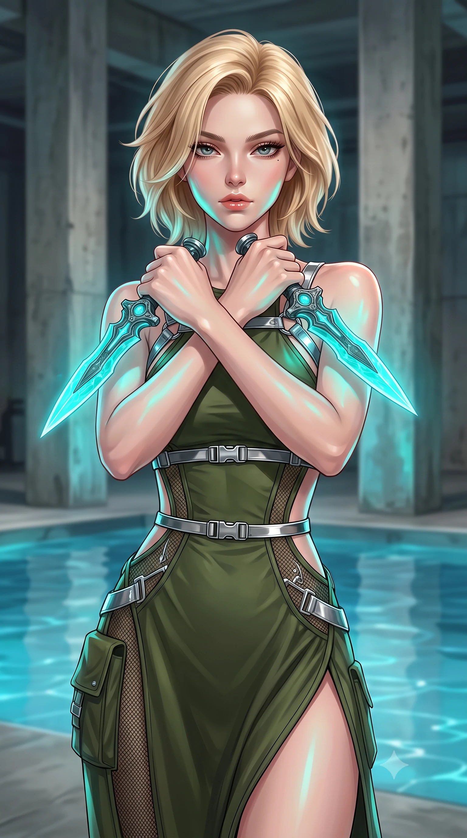 score_9, masterpiece, best quality, ultra-detailed, high-budget anime keyframe, editorial fashion photography, tasteful artistic composition, Caucasian woman. close-up cowboy shot from the waist and thighs up, the character dominates the composition, filling the frame with her large presence, background elements kept in soft focus. holding two energy daggers crossed in front of her elegant collarbone, casting a heavy-lidded, sultry look, the background shows a soft-focus a water pump room with concrete pillars and a large open cooling pool. She has an exceptionally elegant, slender, and willowy female figure with an ultra-slim waist, a gracefully sculpted slender torso, and a refined silhouette. sharp v-shaped jawline, high-bridge nose, intricate jewel-like eyes with depth, thick eyelashes, glossy lips with a natural sheen. wearing a form-contouring dramatic open-back maxi combat dress in olive green, featuring a high thigh slit and chrome straps. shifting aqua light reflections from the pool water mapping across her features. highly saturated vibrant anime colors, detailed shading with soft gradients, rich glossy textures, high-contrast stereoscopic depth, volumetric dynamic lighting, master piece, 9:16 ratio