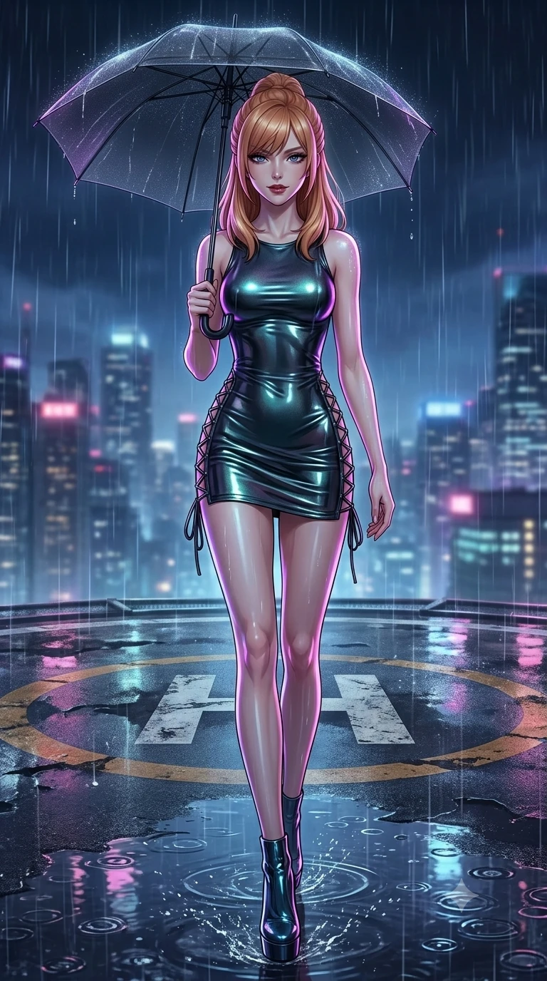 score_9, masterpiece, best quality, ultra-detailed, high-budget anime keyframe, semi-realistic 3D game render, editorial fashion photography, tasteful artistic composition, Caucasian woman. low angle full-body shot from head to toe showing her feet, filling the entire 9:16 vertical frame with her statuesque presence, stretching her vertical silhouette. walking dynamically down the glistening wet asphalt alley beneath a translucent black umbrella, hips swaying gracefully in a captivating supermodel rhythm while striding confidently across the wet helipad deck, her long slender legs and hourglass hips commanding the dystopian midnight skyline. The background shows a soft-focus cyberpunk megalopolis skyline softened in torrential rain shallow focus. She has an exceptionally tall and slender model-like 8.5-heads proportion, an ultra-slim waist, a flat toned midriff, narrow delicate ribcage, and beautifully sculpted feminine hips creating a graceful, slim hourglass silhouette without any bulky heaviness, with impossibly long slender legs. sharp v-shaped jawline, high-bridge nose, intricate jewel-like dark sparkling eyes with dangerous depth, thick curled eyelashes, glossy parted lips with a rich wine sheen, smoldering seductive half-smile with bedroom-eyes, exuding effortless superiority and intoxicating dark allure, flawlessly proportioned anatomical accuracy, strict slender model proportions, natural body alignment, perfectly sculpted long slender limbs, ultra-slim waistline, clean dynamic posture without body distortion. wearing a liquid-look wet vinyl micro-mini dress clinging like a second skin with hip-high side cutouts in iridescent petroleum beetle-sheen and deep graphite, crafted from stretch micro-mesh with metallic foil coating that shimmers in the city night lights, featuring fine criss-cross lace-up side ties revealing tantalizing glimpses of her hip curve, the liquid-tight tailored fabric clinging flawlessly to her narrow waist and rounded feminine hips, emphasizing every millimeter of her sculpted slim hourglass curves without any bulky heaviness. illuminated by wet tarmac puddle bounce and sharp ultraviolet rim lights sculpting her razor-sharp jawline, narrow waist, and curvy hips. highly saturated vibrant anime colors, detailed shading with soft gradients, rich glossy textures, high-contrast stereoscopic depth, volumetric dynamic lighting, master piece, 9:16 ratio