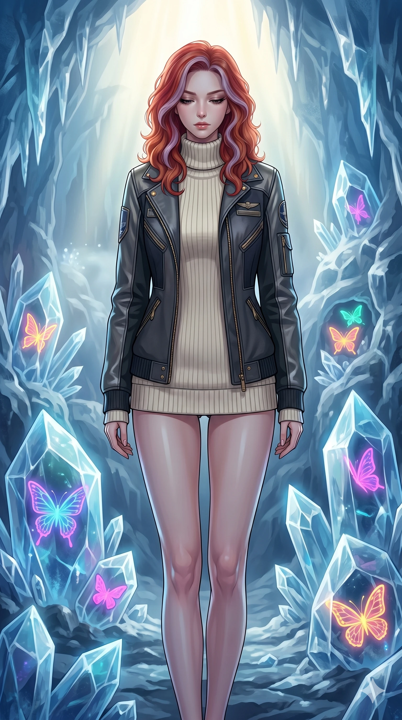 score_9, masterpiece, best quality, ultra-detailed, high-budget anime keyframe, editorial fashion photography, tasteful artistic composition, Caucasian woman, strictly human ears. cowboy shot from the thighs up, character and outfit filling the frame for maximum editorial presence. looking down with lowered lashes and a composed, powerful expression in a frozen ice cave with glowing neon butterflies trapped in crystals (Code-P17-008). She has an absolutely perfect 8-heads proportion, an exceptionally tall and slender female figure with impossibly long slender legs and an ultra-slim waist. V-shaped jawline, high-bridge nose, intricate jewel-like eyes with depth, thick eyelashes, glossy lips with a natural sheen. wearing a sleek pilot flight jacket over a high-neck ribbed knit sweater. bathed in soft morning sunbeams filtered through the lake mist, creating a soft glowing aura. 2k, ultra detail, master piece, 9:16 ratio