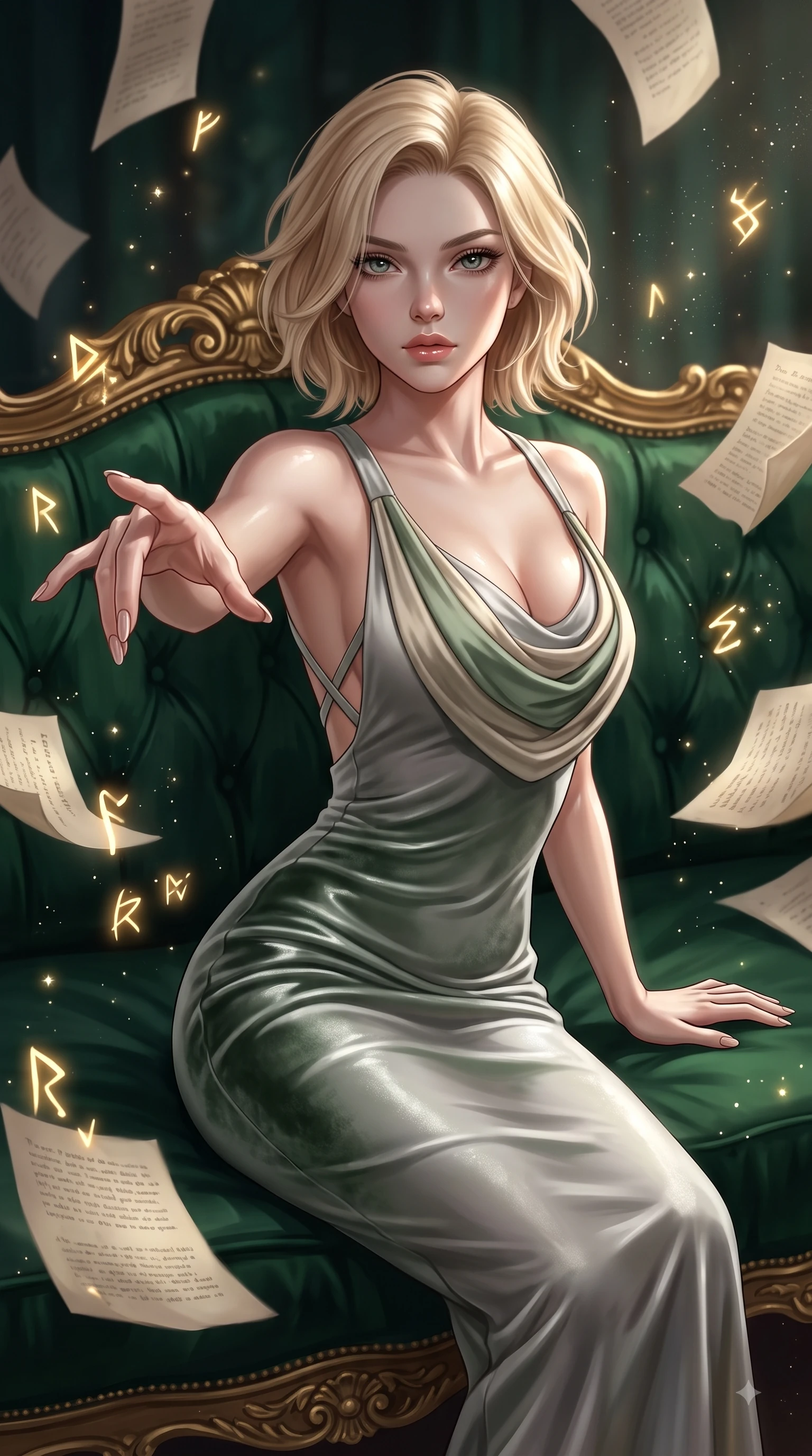 score_9, masterpiece, best quality, ultra-detailed, high-budget anime keyframe, editorial fashion photography, tasteful artistic composition, Caucasian woman. close-up cowboy shot from the waist and thighs up, the character dominates the composition, filling the frame with her large presence, background elements kept in soft focus. Reaching one arm gracefully toward the camera with magnetic poise, displaying her statuesque silhouette while lounging on an antique silk velvet sofa as floating parchment pages hover gently around her, floating paper pages and glowing spell runes scattering golden starlight dust motes. She has an exceptionally elegant, slender, and willowy female figure with an ultra-slim waist, a gracefully sculpted slender torso, and a refined silhouette. sharp v-shaped jawline, high-bridge nose, intricate jewel-like eyes with depth, thick eyelashes, glossy lips with a natural sheen, flawlessly proportioned anatomical accuracy, natural body alignment, perfectly sculpted elegant limbs, clean dynamic posture without body distortion. wearing an elegant cowl-neck satin midi dress with a graceful draped neckline in sage green and oatmeal, made of premium stretch velvet with a rich sheen, complemented by criss-cross back straps highlighting her bare shoulders, the glove-like fit emphasizing her statuesque silhouette during motion. illuminated by a dramatic key light casting elegant chiaroscuro shadows. ultra-reflective glossy finish, specular highlights, metallic sheen, high-contrast stereoscopic depth, volumetric dynamic lighting, 2k, ultra detail, master piece, 9:16 ratio