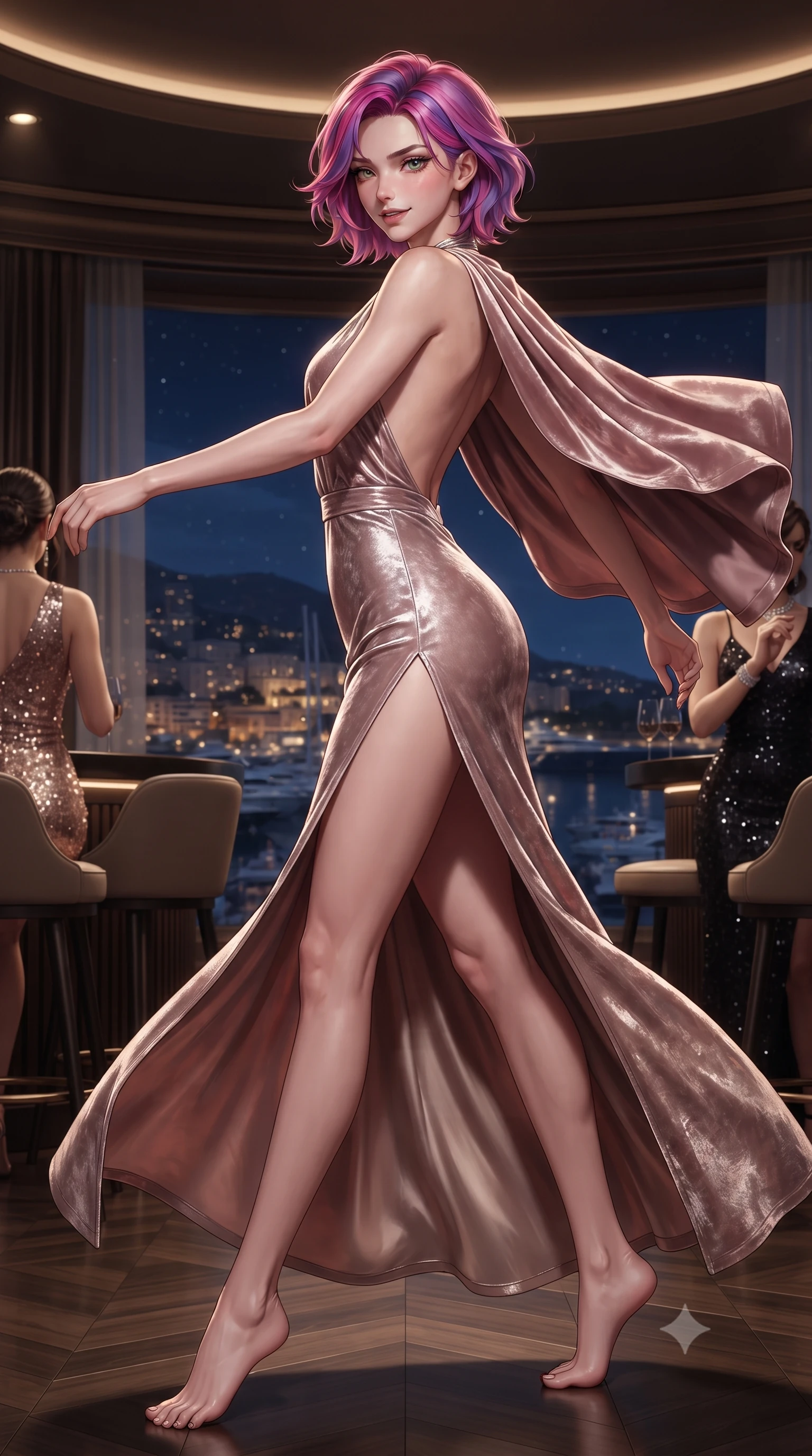 score_9, masterpiece, best quality, ultra-detailed, high-budget anime keyframe, editorial fashion photography, tasteful artistic composition, Caucasian woman. low angle full-body shot from head to toe showing her feet, filling the entire 9:16 vertical frame with her statuesque presence, stretching her vertical silhouette. executing an elegant mid-motion pivot turn as garments swirl around her slender limbs, glancing over her shoulder with an intoxicating bedroom-gaze while twisting her slender torso in a deep contrapposto stance beside the private casino bar, glancing over her shoulder with an audacious, teasing smirk. The surrounding environment is rendered in vivid detail and crisp panoramic clarity. detailed sequin dress reflections, diamond necklace fire, and Mediterranean night harbor in high clarity. She has an absolutely perfect, statuesque 8.5-heads proportion, an exceptionally tall and slender model-like female figure with impossibly long slender legs, a toned flat midriff, an ultra-slim waist, and beautifully sculpted feminine hips. sharp v-shaped jawline, high-bridge nose, intricate jewel-like eyes with depth, thick eyelashes, glossy parted lips with a natural sheen, intensely captivating and seductive bedroom-eyes expression, flawlessly proportioned anatomical accuracy, strict slender model proportions, natural body alignment, perfectly sculpted long slender limbs, ultra-slim waistline, clean dynamic posture without body distortion. wearing a plunging halter-neck liquid metallic gown with an ultra-deep open back and an ultra-high side slit ascending to the hip in dusky blush rose and champagne shimmer, crafted from heavyweight crushed silk velvet with liquid luster, complemented by a plush silk velvet capelet draped loosely over her shoulders, the liquid-tight tailored fabric clinging flawlessly to her narrow waist and rounded feminine hips, emphasizing every millimeter of her sculpted hourglass curves during movement. illuminated by crisp directional spotlights sharply defining her narrow waistline, sculpted spine, and curvy hips. ultra-reflective glossy finish, specular highlights, rich textural contrasts, high-contrast stereoscopic depth, volumetric dynamic lighting, 2k, ultra detail, master piece, 9:16 ratio