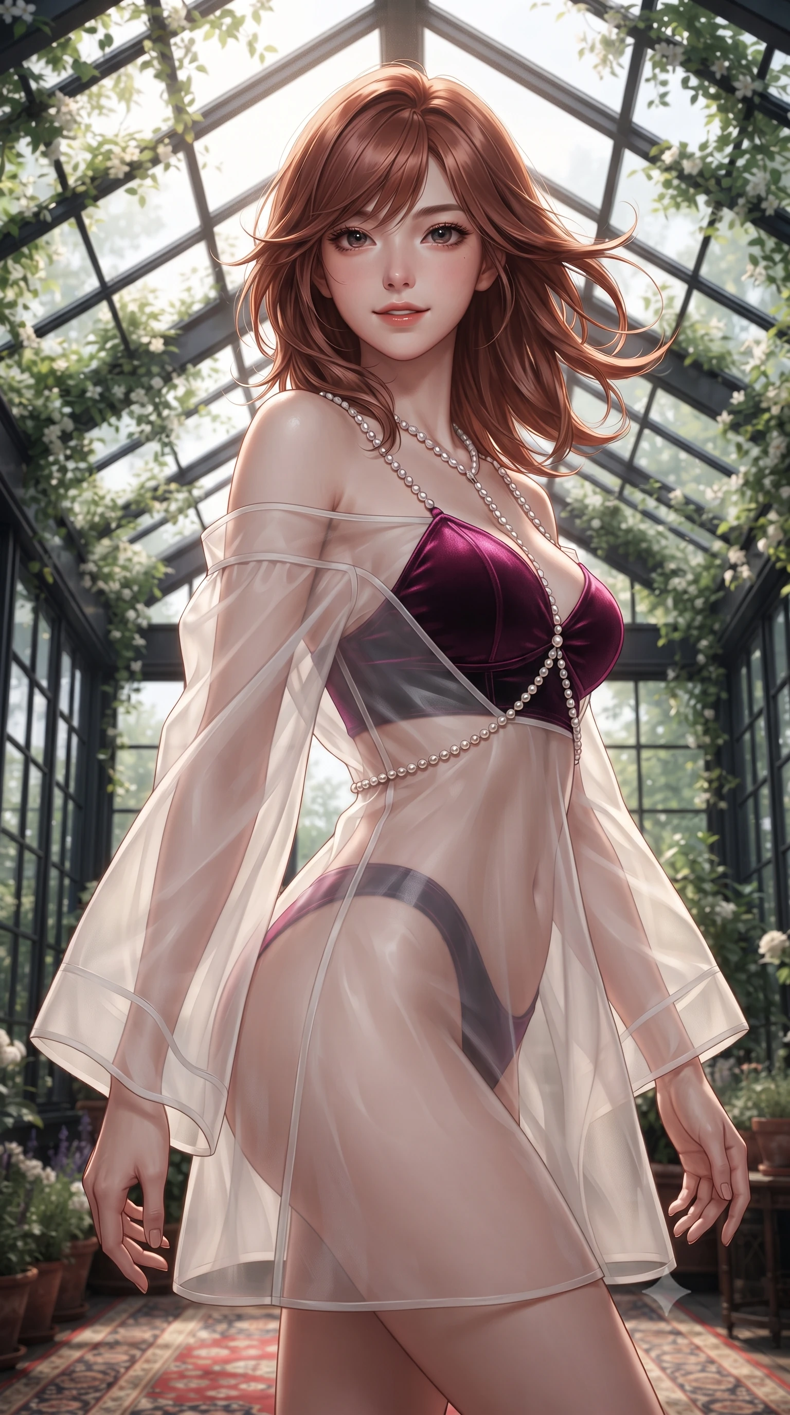 score_9, masterpiece, best quality, ultra-detailed, high-budget anime keyframe, editorial fashion photography, tasteful artistic composition, Korean woman. close-up cowboy shot from the waist and thighs up, the character dominates the composition, filling the frame with her large presence. turning slowly with an enchanting smoldering smile, her glossy hair tossing in the breeze as her hips angle gracefully in a captivating contrapposto while standing poised beneath the pitched glass conservatory roof draped with creeping jasmine, arching her spine with effortless downtown siren allure. The surrounding environment is rendered in vivid detail and crisp panoramic clarity: sharp black steel sash window mullions, antique Persian wool rug knots, and greenhouse glass structural ribs in deep focus. She has an exceptionally elegant, slender, and willowy female figure with an ultra-slim waist, flat toned midriff, narrow ribcage, and sculpted feminine hips creating an alluring, slim hourglass silhouette without bulk. sharp v-shaped jawline, high-bridge nose, intricate jewel-like sparkling eyes with depth, thick eyelashes, glossy parted lips with a natural peach sheen, bright cheerful beaming smile with an enchanting and coquettish sensual glint, exuding both youthful cute charm and seductive allure, flawlessly proportioned anatomical accuracy, strict slender model proportions, natural body alignment, perfectly sculpted long slender limbs, ultra-slim waistline, clean dynamic posture without body distortion. wearing a modern sheer organza kimono dress with wide sleeves slipping gracefully off bare shoulders over a fitted bralette in Gangnam electric magenta noir and glossy onyx, tailored from ultra-plush silk velvet with rich tactile depth and deep shadow gradients, accented with a pearl-drop body harness subtly framing her dewy collarbones and spine, the precision-cut side openings and low-back scoop framing her graceful spine and the sensual sweep of her slim, toned hips. illuminated by skylight moonbeam bounce and sharp champagne-gold rim lights defining her jawline, flat midriff, and feminine hips. ultra-reflective glossy finish, specular highlights, rich textural contrasts, high-contrast stereoscopic depth, volumetric dynamic lighting, 2k, ultra detail, master piece, 9:16 ratio
