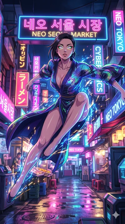 score_9, masterpiece, best quality, ultra-detailed, Set A: High-budget Anime Keyframe, Japanese woman. Low angle cowboy shot filling the entire 9:16 frame with her statuesque presence. Leaping through a neon-lit Neo-Seoul market, while her eyes glow 