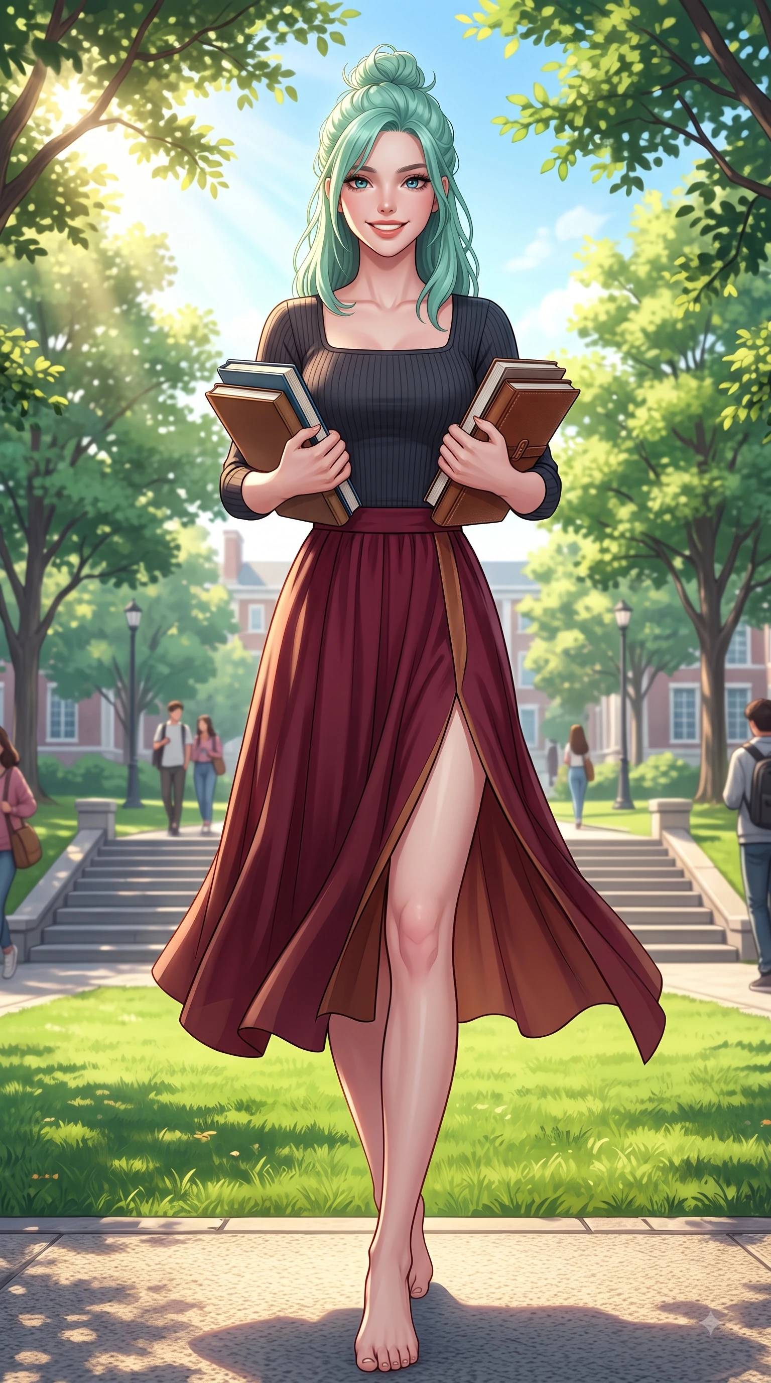 score_9, masterpiece, best quality, ultra-detailed, high-budget anime keyframe, editorial fashion photography, tasteful artistic composition, Japanese woman. low angle full-body shot from head to toe showing her feet, filling the entire 9:16 vertical frame with her statuesque presence, stretching her vertical silhouette. walking forward in a proud dynamic stride with a cheerful beaming smile, her vertical silhouette filling the frame while walking happily across a lush green university campus quad carrying books with a beaming smile. The surrounding environment is rendered in vivid detail and crisp panoramic clarity. bright spring sunbeams illuminating campus stone steps with clear environmental sharpness. She has an absolutely perfect, statuesque 8.5-heads proportion, an exceptionally tall and slender model-like female figure with impossibly long slender legs and an ultra-slim waist. sharp v-shaped jawline, high-bridge nose, intricate jewel-like eyes with depth, thick eyelashes, glossy lips with a natural sheen, flawlessly proportioned anatomical accuracy, natural body alignment, perfectly sculpted elegant limbs, clean dynamic posture without body distortion. wearing a chic square-neck ribbed top paired with a flowing A-line midi skirt in deep burgundy red and bronze accent, crafted from lightweight fluid chiffon, featuring a sleek side leg slit ascending to mid-thigh, the glove-like fit emphasizing her statuesque silhouette during motion. bathed in brilliant sunny morning light filtering through tree canopies. highly saturated vibrant anime colors, detailed shading with soft gradients, rich glossy textures, high-contrast stereoscopic depth, volumetric dynamic lighting, master piece, 9:16 ratio