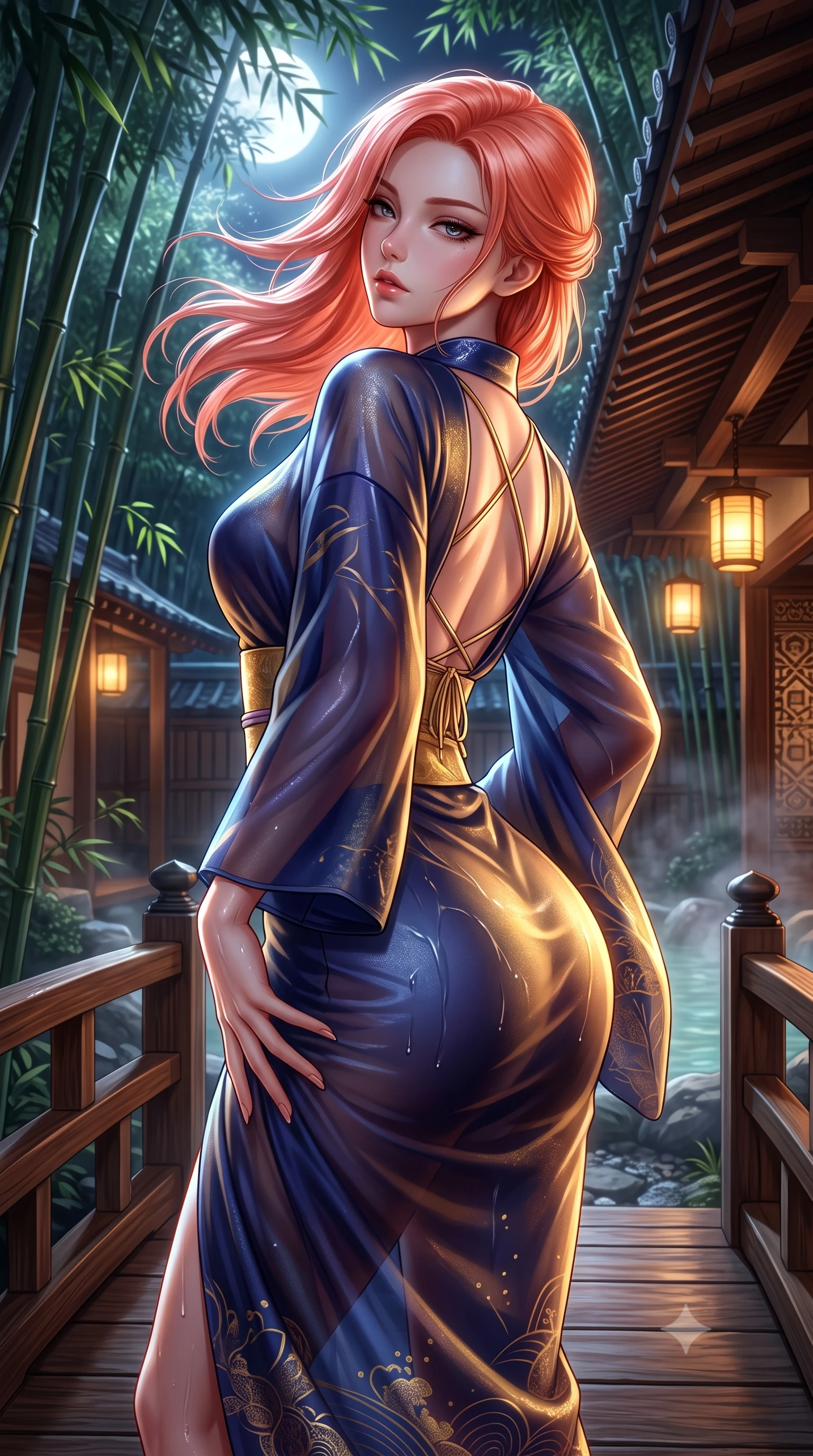 score_9, masterpiece, best quality, ultra-detailed, high-budget anime keyframe, semi-realistic 3D game render, editorial fashion photography, tasteful artistic composition, Japanese woman. close-up cowboy shot from the waist and thighs up, the character dominates the composition, filling the frame with her large presence. arching her spine backward with effortless dancer poise, one hand sliding along her hip line as directional light carves specular highlights along her silhouette while standing poised on the wooden bridge terrace, twisting her upper body in an alluring S-curve as night wind rustles through the bamboo canopy. The surrounding environment is rendered in vivid detail and crisp panoramic clarity. atmospheric nocturnal Japanese chiaroscuro and serene hot-spring retreat luxury rendered with precision. She has an exceptionally elegant, slender, and willowy female figure with an ultra-slim waist, a gracefully sculpted slender torso, toned flat midriff, and rounded feminine hips creating an alluring hourglass silhouette. sharp v-shaped jawline, high-bridge nose, intricate jewel-like eyes with depth, thick eyelashes, glossy parted lips with a natural sheen, intensely captivating and seductive bedroom-eyes expression, flawlessly proportioned anatomical accuracy, strict slender model proportions, natural body alignment, perfectly sculpted long slender limbs, ultra-slim waistline, clean dynamic posture without body distortion. wearing a delicate semi-translucent silk yukata that clings to her wet skin and curvy hip contours in midnight indigo and glowing starlight gold, crafted from traditional Korean gossamer silk organza with pearlescent luster, finished with a dramatic open back framed by criss-cross delicate silk cords, the second-skin form-contouring cut accentuating her sculpted flat midriff, narrow waistline, and dramatically curvy hips without adding bulk. bathed in cool silver full-moon light streaming through the bamboo canopy and warm amber lantern downlights. highly saturated vibrant anime colors, detailed shading with soft gradients, rich glossy textures, high-contrast stereoscopic depth, volumetric dynamic lighting, master piece, 9:16 ratio