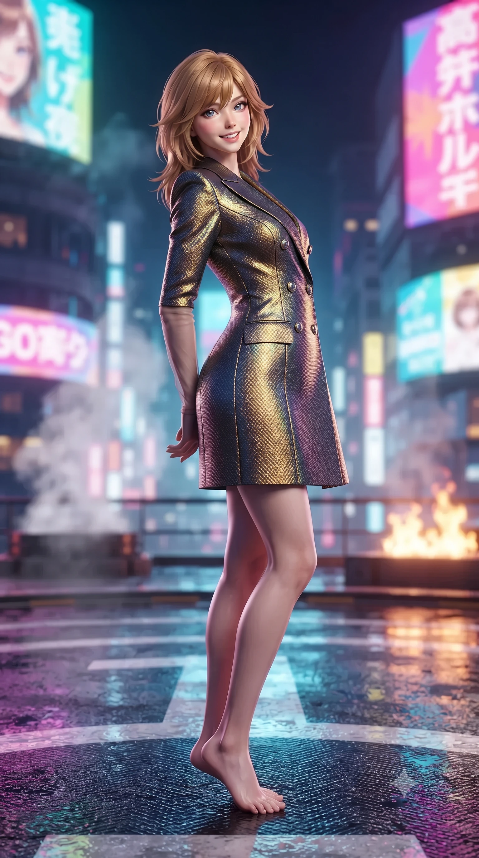 score_9, masterpiece, best quality, ultra-detailed, high-budget anime keyframe, editorial fashion photography, tasteful artistic composition, Korean woman. low angle full-body shot from head to toe showing her feet, filling the entire 9:16 vertical frame with her statuesque presence, stretching her vertical silhouette. posing in a classic haute-couture S-curve stance beside the floor-to-ceiling window, looking over a bare shoulder with magnetic presence while standing poised on the wet carbon-fiber helipad high above Roppongi's holographic canyon, arching her back with high-fashion supermodel confidence as warm urban exhaust winds blow. The background shows a soft-focus wisps of rooftop exhaust steam softened in ultra-luxury cyberpunk penthouse shallow focus. She has an exceptionally tall and slender model-like 8.5-heads proportion, an ultra-slim waist, a flat toned midriff, narrow delicate ribcage, and beautifully sculpted feminine hips creating a graceful, slim hourglass silhouette without any bulky heaviness, with impossibly long slender legs. sharp v-shaped jawline, high-bridge nose, intricate jewel-like sparkling eyes with depth, thick eyelashes, glossy parted lips with a natural peach sheen, bright cheerful beaming smile with an enchanting and coquettish sensual glint, exuding both youthful cute charm and seductive allure, flawlessly proportioned anatomical accuracy, strict slender model proportions, natural body alignment, perfectly sculpted long slender limbs, ultra-slim waistline, clean dynamic posture without body distortion. wearing a tailored double-breasted iridescent silk lamé coat dress with metallic button closures in solar-flare gold and interstellar onyx, woven from structured carbon-fiber jacquard with rich textural depth, complemented by sheer opera-length evening gloves tracing her slender arms, the bespoke structured tailoring following the natural line of her 8.5-heads silhouette with refined elegance. bathed in the dynamic multi-colored ambient glow of mammoth holographic billboards contrasted with warm fire pit flames. ultra-reflective glossy finish, specular highlights, rich textural contrasts, high-contrast stereoscopic depth, volumetric dynamic lighting, 2k, ultra detail, master piece, 9:16 ratio