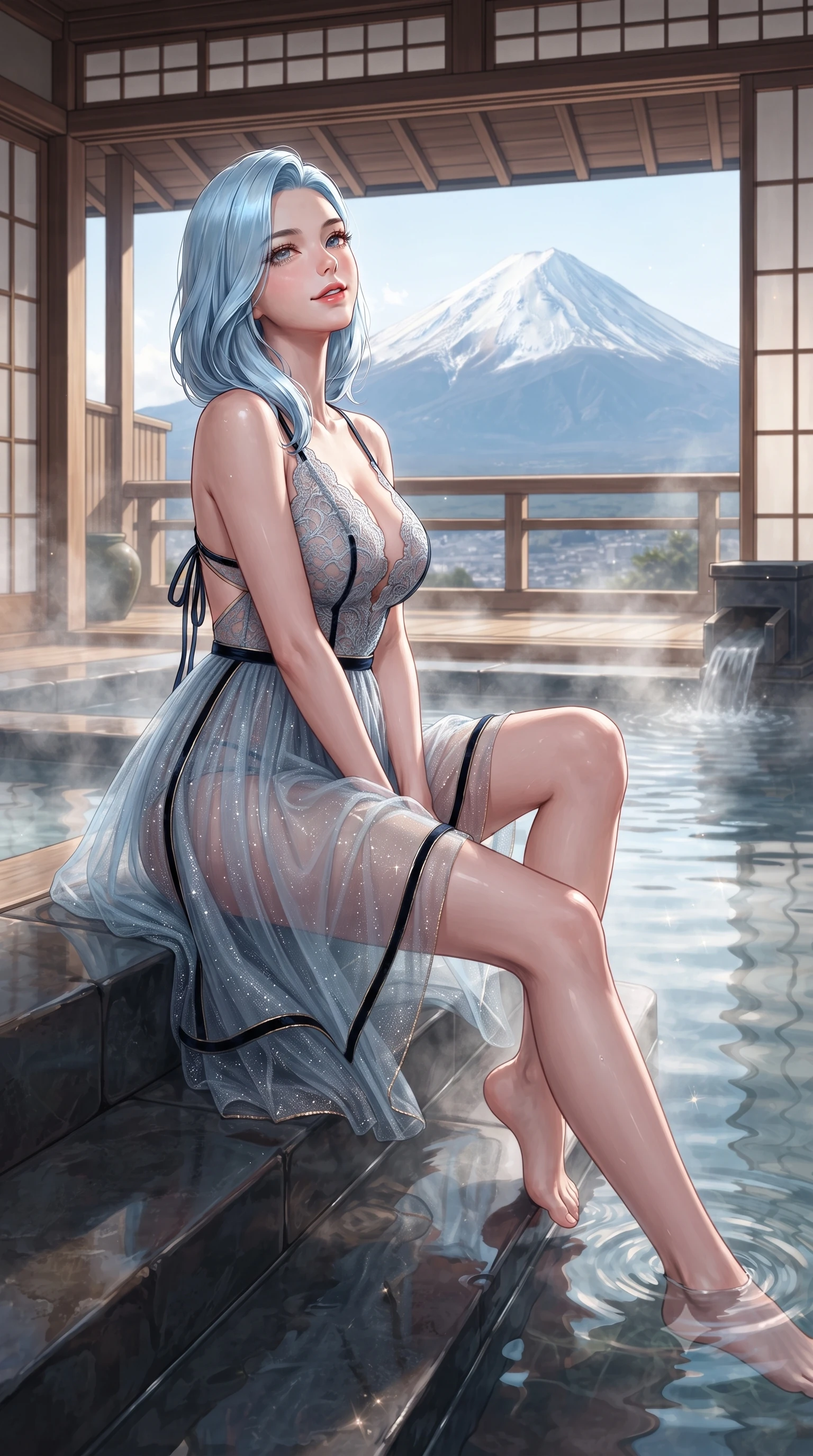 score_9, masterpiece, best quality, ultra-detailed, high-budget anime keyframe, editorial fashion photography, tasteful artistic composition, Korean woman. low angle full-body shot from head to toe showing her feet, filling the entire 9:16 vertical frame with her statuesque presence, stretching her vertical silhouette. sitting poised on the stone steps with one knee bent, arching her spine with supermodel elegance as she glances upward through thick eyelashes while lounging in the steaming water with legs extended, displaying her long slender limbs and statuesque hourglass silhouette against Fuji's peak. The surrounding environment is rendered in vivid detail and crisp panoramic clarity: detailed semi-sheer botanical lace teddy weave, open back ties, and master Japanese woodworking in razor-sharp precision. She has an exceptionally tall and slender model-like 8.5-heads proportion, an ultra-slim waist, a flat toned midriff, narrow delicate ribcage, and beautifully sculpted feminine hips creating a graceful, slim hourglass silhouette without any bulky heaviness, with impossibly long slender legs. sharp v-shaped jawline, high-bridge nose, intricate jewel-like sparkling eyes with depth, thick eyelashes, glossy parted lips with a natural peach sheen, bright cheerful beaming smile with an enchanting and coquettish sensual glint, exuding both youthful cute charm and seductive allure, flawlessly proportioned anatomical accuracy, strict slender model proportions, natural body alignment, perfectly sculpted long slender limbs, ultra-slim waistline, clean dynamic posture without body distortion. wearing a provocative semi-sheer icy blue tulle cocktail dress with velvet ribbon piping contouring her narrow waist and hips in deep midnight obsidian black and liquid champagne gold, woven from stretch metallic lurex jersey casting radiant starlight glints across her curves, finished with satin ribbon ties at the shoulders fluttering in the gentle breeze, the form-contouring silhouette accentuating her sculpted flat midriff, narrow delicate ribcage, and gracefully curvy hips with intoxicating allure. illuminated by hot spring caustics bounce and sharp platinum-rose rim lights sculpting her cheekbones, flat midriff, and curvaceous hips. ultra-reflective glossy finish, specular highlights, rich textural contrasts, high-contrast stereoscopic depth, volumetric dynamic lighting, 2k, ultra detail, master piece, 9:16 ratio
