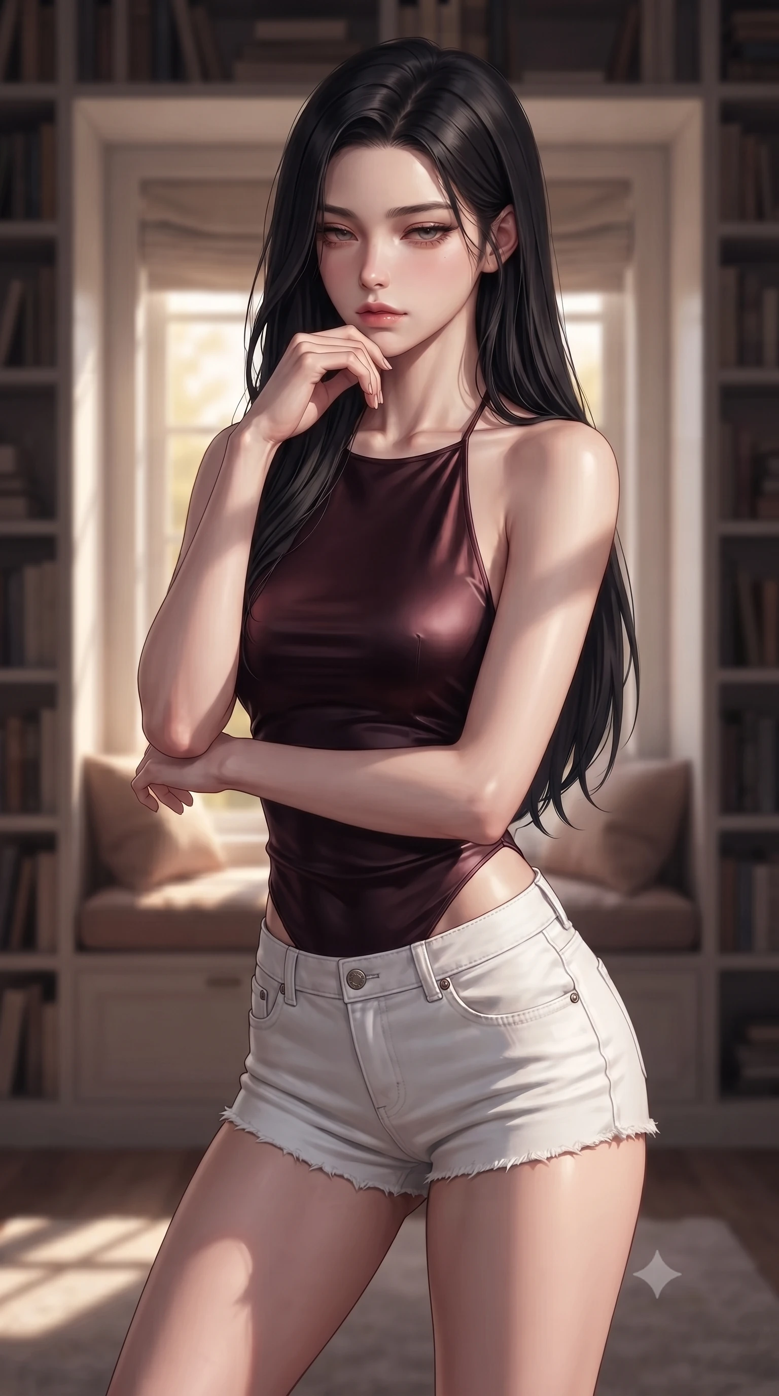 score_9, masterpiece, best quality, ultra-detailed, high-budget anime keyframe, editorial fashion photography, tasteful artistic composition, Korean woman woman. close-up cowboy shot from the waist and thighs up, the character dominates the composition, filling the frame with her large presence, background elements kept in soft focus. resting her chin on the backs of her fingers, casting a heavy-lidded, sultry look past the camera the background shows a soft-focus a quiet personal library room with bookshelves lining the walls and a plush window seat. She has an exceptionally elegant, slender, and willowy female figure with an ultra-slim waist, a gracefully sculpted slender torso, and a refined silhouette. sharp v-shaped jawline, high-bridge nose, intricate jewel-like eyes with depth, thick eyelashes, glossy lips with a natural sheen. wearing a form-contouring backless halter top in dark burgundy silk, paired with white denim micro-shorts. soft golden afternoon light filtering through the window, casting long shadow patterns. ultra-reflective glossy finish, specular highlights, metallic sheen, high-contrast stereoscopic depth, volumetric dynamic lighting, 2k, ultra detail, master piece, 9:16 ratio