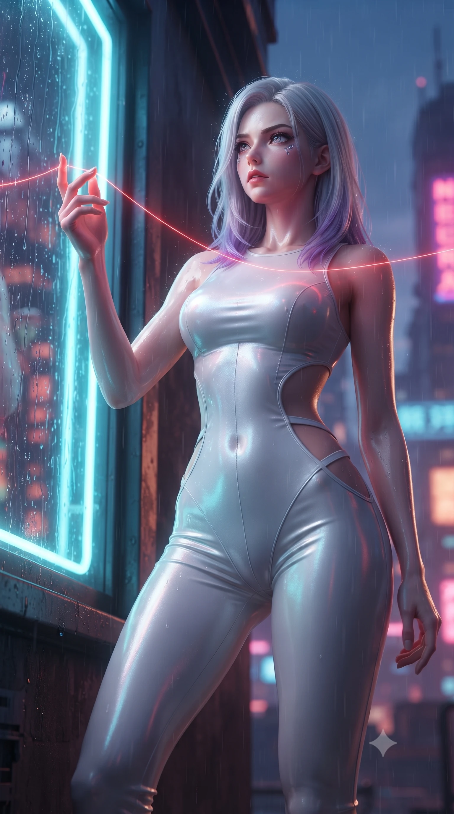 score_9, masterpiece, best quality, ultra-detailed, High-budget Anime Keyframe, editorial fashion photography, tasteful artistic composition, realistic cosplay photography, Caucasian woman, strictly human ears. Low angle cowboy shot filling the entire 9:16 frame with her statuesque presence. Scenario 519: tracing a glowing red thread of fate with her fingers in a glowing neon window at twilight with soft rain falling. Her presence is magnetic and overpowering in this high-budget cinematic scene. Outfit 519: a form-contouring pearl white bodycon knit jumpsuit with strategic waist cut-outs and slender leg straps. The clothing is designed to emphasize her exceptionally tall and slender 8-heads proportion. 8-heads proportion, towering silhouette, ultra-slim waist. sharp v-shaped jawline, intricate jewel-like eyes with depth, thick eyelashes, glossy lips. ultra-reflective glossy finish, specular highlights, metallic sheen, high-contrast stereoscopic depth, volumetric dynamic lighting, 2k, ultra detail, master piece, 9:16 ratio