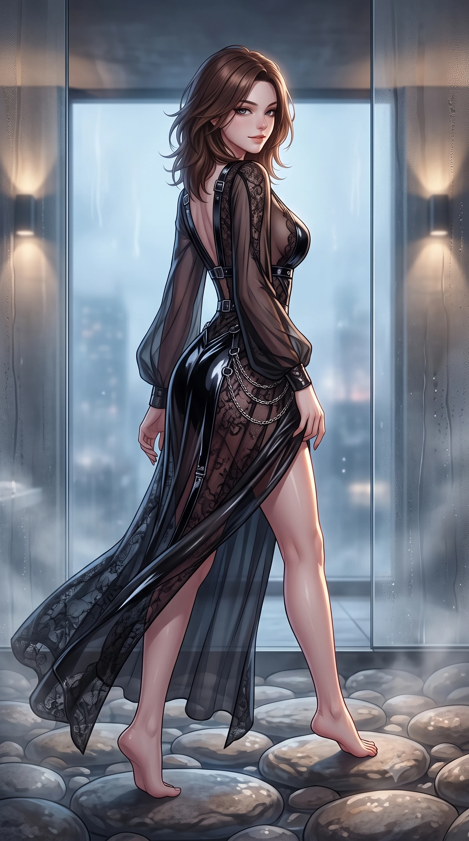score_9, masterpiece, best quality, ultra-detailed, high-budget anime keyframe, editorial fashion photography, tasteful artistic composition, Korean woman. close-up cowboy shot from the waist and thighs up, the character dominates the composition, filling the frame with her large presence, background elements kept in soft focus. Glancing sidelong over her shoulder with a smoldering, enigmatic half-smile, stepping gracefully across smooth river stones in a private glass steam room, high-fashion editorial serenity with magnetic sensual allure. She has an exceptionally elegant, slender, and willowy female figure with an ultra-slim waist, a gracefully sculpted slender torso, and a refined silhouette. sharp v-shaped jawline, high-bridge nose, intricate jewel-like eyes with depth, thick eyelashes, glossy lips with a natural sheen. wearing gothic nebula sheer dark lace gown with plunging neckline in pitch-black onyx, made of high-gloss liquid vinyl, framed by dark titanium buckles and silver chain details, accentuating her gracefully sculpted slender torso. lit by low-key sconce rays contrasting against cold misty city skyglow. highly saturated vibrant anime colors, detailed shading with soft gradients, rich glossy textures, high-contrast stereoscopic depth, volumetric dynamic lighting, master piece, 9:16 ratio