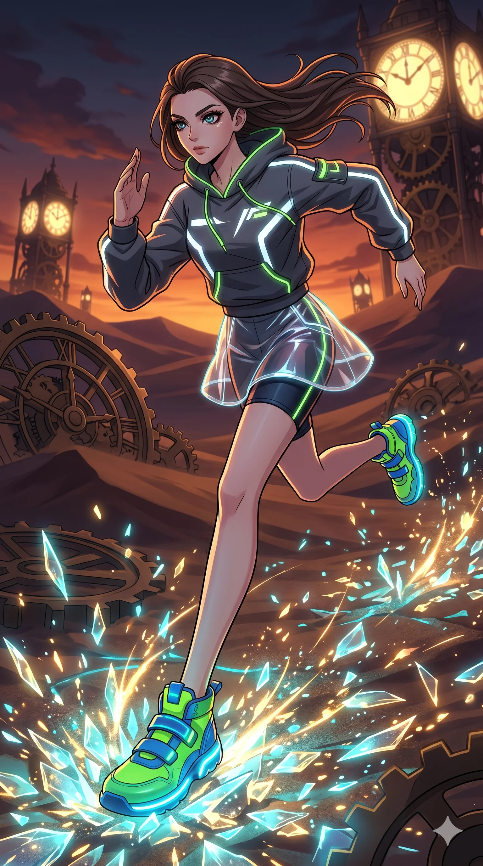 score_9, masterpiece, best quality, ultra-detailed, Set A: High-budget Anime Keyframe, Caucasian (strictly human ears) woman. Low angle cowboy shot filling the entire 9:16 frame with her statuesque presence. Sprinting through a clockwork desert, as the ground beneath her turns into 241 shards of light and surrounded by glowing energy sparks. She has an absolutely perfect 8-heads proportion, an exceptionally tall and slender female figure with impossibly long slender legs and an ultra-slim waist. Sharp v-shaped jawline, high-bridge nose, intricate jewel-like eyes with depth, thick eyelashes, glossy lips with a natural sheen. Wearing Streetwear tech-hoodie with a transparent PVC skirt and neon sneakers. Cinematic lighting, vibrant colors, dramatic shadows, 2k, ultra detail, master piece, 9:16 ratio