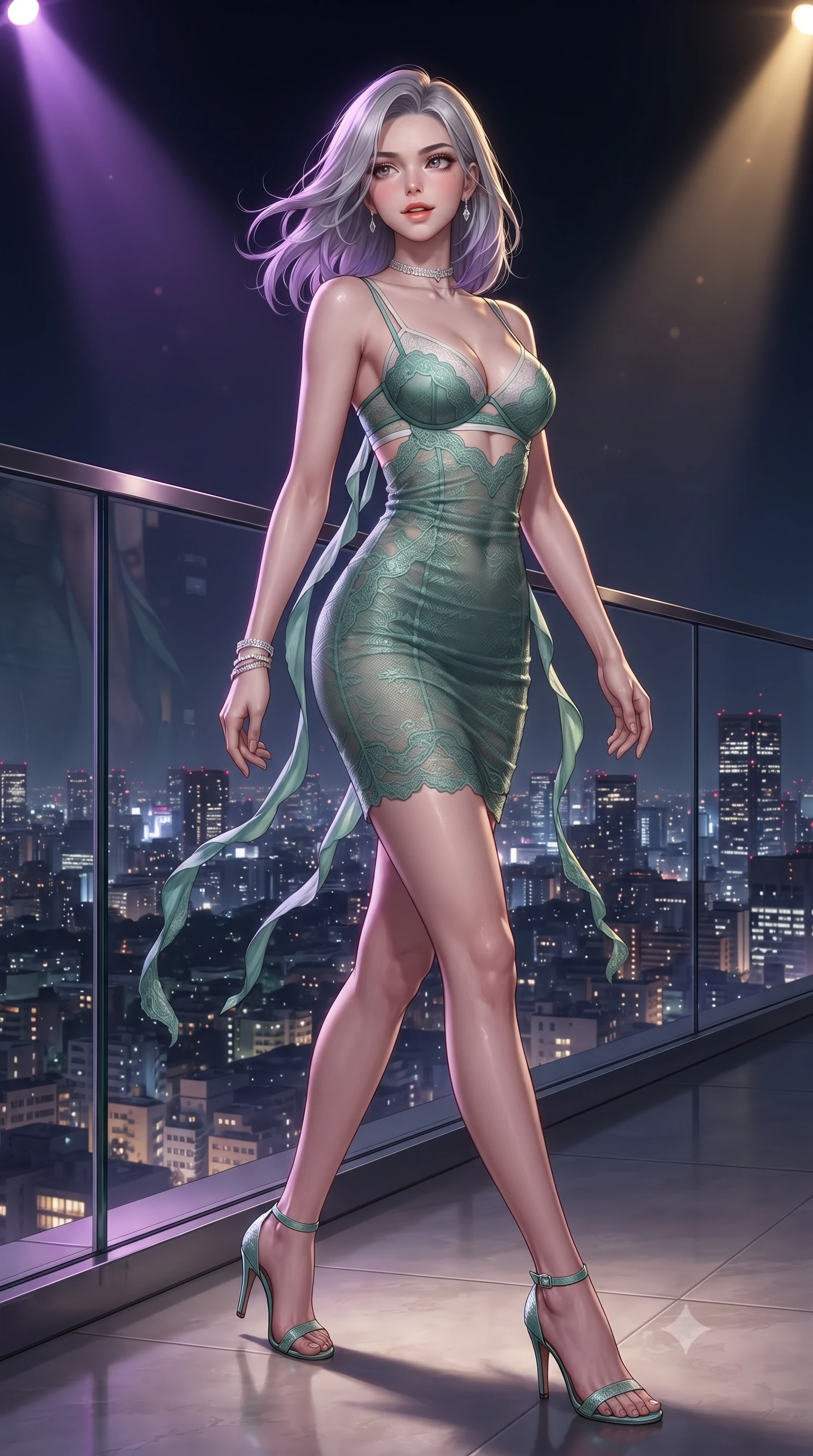 score_9, masterpiece, best quality, ultra-detailed, high-budget anime keyframe, editorial fashion photography, tasteful artistic composition, Caucasian woman. low angle full-body shot from head to toe showing her feet, filling the entire 9:16 vertical frame with her statuesque presence, stretching her vertical silhouette. stepping slowly toward the camera with hypnotic grace, hips swaying in an alluring sensual rhythm that accentuates her curvy hourglass silhouette and long slender legs while standing poised beside the balcony glass balustrade high above the Tokyo metropolis, arching her spine with sovereign VIP glamour. The surrounding environment is rendered in vivid detail and crisp panoramic clarity: detailed strappy bodycon dress texture, diamond bracelet glints, and modern penthouse venue architecture in razor-sharp precision. She has an absolutely perfect, statuesque 8.5-heads proportion, an exceptionally tall and slender model-like female figure with impossibly long slender legs, an ultra-slim waist, a flat toned midriff, narrow delicate ribcage, and beautifully sculpted feminine hips creating a graceful, slim hourglass silhouette without any bulky heaviness. sharp v-shaped jawline, high-bridge nose, sparkling eyes with hypnotic seductive depth, thick curled eyelashes, glossy parted lips with a natural dewy peach sheen, alluring bedroom-eyes with an enchanting coquettish smile, exuding magnetic siren charisma and sophisticated glamour, flawlessly proportioned anatomical accuracy, strict slender model proportions, natural body alignment, perfectly sculpted long slender limbs, ultra-slim waistline, clean dynamic posture without body distortion. wearing a delicate semi-sheer jade silk boudoir robe worn loose and slipping off bare shoulders over a matching strappy bralette in moonlit jade green and pure alabaster white with silver accents, tailored from fine ribbed modal knit with gentle elastic contouring and soft hand-feel, finished with long silk ribbon ties fluttering down her bare spine from a backless halter, the second-skin tailored fabric adhering flawlessly to her sculpted flat midriff and slender torso, emphasizing her long leg lines and perfectly proportioned willowy build. bathed in dynamic purple and gold nightclub spotlight sweeps paired with ambient skyline glow. ultra-reflective glossy finish, specular highlights, rich textural contrasts, high-contrast stereoscopic depth, volumetric dynamic lighting, 2k, ultra detail, master piece, 9:16 ratio