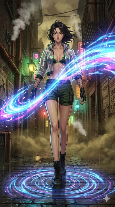 score_9, masterpiece, best quality, ultra-detailed, Set A: High-budget Anime Keyframe, Korean woman. Low angle cowboy shot filling the entire 9:16 frame with her statuesque presence. Theme: Urban Decay. unleashing a massive energy wave in a steampunk