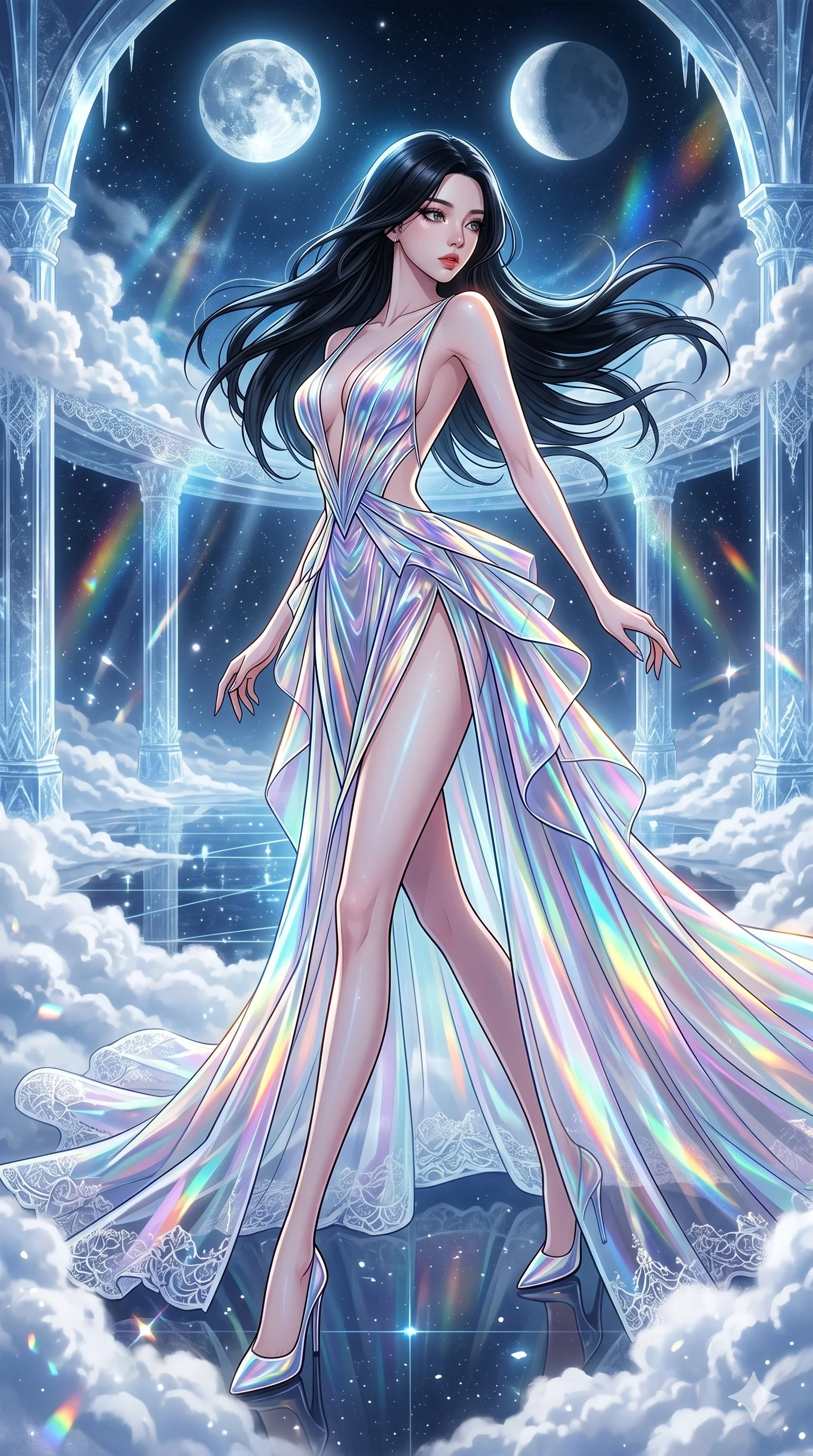 score_9, masterpiece, best quality, ultra-detailed, high-budget anime movie keyframe, cinematic anime lighting, intricate line art, Korean woman. Dynamic full-body shot stretching the vertical silhouette across the 9:16 frame. navigating a sea of clouds in a frozen starlight ballroom under a twin-moon sky. She has an absolutely perfect 8-heads proportion, an exceptionally tall and slender female figure with an ultra-slim waist and impossibly long slender legs. sharp v-shaped jawline, high-bridge nose, intricate jewel-like eyes, thick eyelashes, glossy lips. Wearing avant-garde high-fashion gown made of iridescent vinyl with a dangerously high side slit and a plunging neckline, revealing an ultra-slim waist and long slender legs. The scene is illuminated by dramatic atmospheric lighting and vibrant color palettes. , 2k, ultra detail, master piece, 9:16 ratio