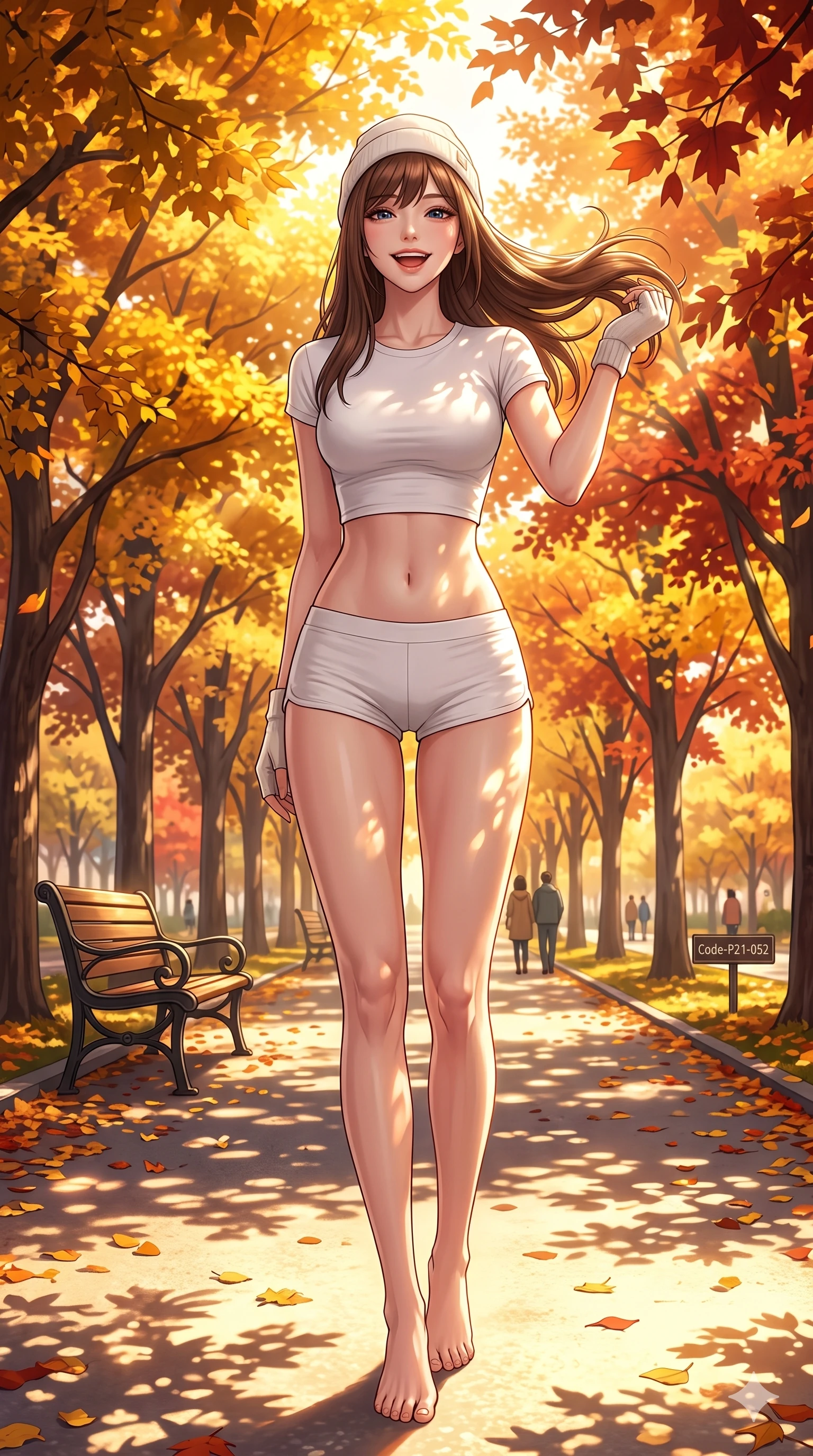 score_9, masterpiece, best quality, ultra-detailed, high-budget anime keyframe, vibrant anime aesthetic, Korean woman. low angle full-body shot from head to toe showing her feet, filling the entire 9:16 vertical frame with her statuesque presence, stretching her vertical silhouette. She is posing with a delightful grin, tossing her hair back with a happy autumn laugh by an autumn park pathway under bright midday sunbeams (Code-P21-052). She has an absolutely perfect 8-heads proportion, an exceptionally tall and slender female figure with impossibly long slender legs and an ultra-slim waist. V-shaped jawline, high-bridge nose, intricate jewel-like eyes with depth, thick eyelashes, glossy lips with a natural sheen. wearing a tight crop top showing her bare midriff and micro-shorts in white cotton for winter. She is drenched in soft sunbeams filtering through autumn leaves, casting a warm golden glow. 2k, ultra detail, master piece, 9:16 ratio