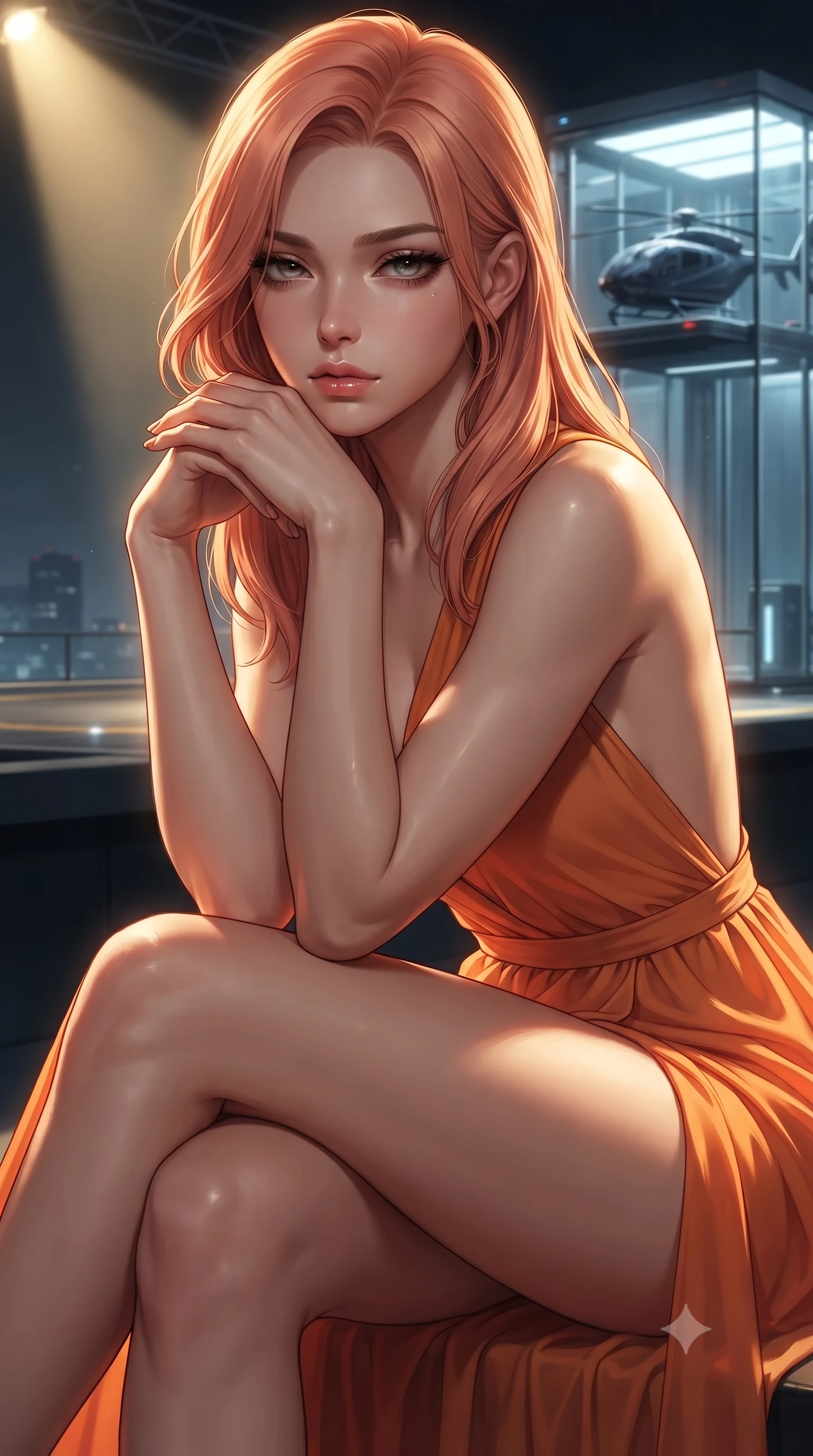 score_9, masterpiece, best quality, ultra-detailed, high-budget anime keyframe, editorial fashion photography, tasteful artistic composition, Japanese woman. close-up cowboy shot from the waist and thighs up, the character dominates the composition, filling the frame with her large presence, background elements kept in soft focus. resting her chin on the backs of her fingers, casting a heavy-lidded, sultry look past the camera the background shows a soft-focus a futuristic vehicle elevator transporting a helicopter to a rooftop runway. She has an exceptionally elegant, slender, and willowy female figure with an ultra-slim waist, a gracefully sculpted slender torso, and a refined silhouette. sharp v-shaped jawline, high-bridge nose, intricate jewel-like eyes with depth, thick eyelashes, glossy lips with a natural sheen. wearing a tailored high-slit resort gown in sunset orange chiffon, featuring a daring thigh-slit and open back. harsh sodium yellow spotlights casting long dramatic industrial shadows. ultra-reflective glossy finish, specular highlights, metallic sheen, high-contrast stereoscopic depth, volumetric dynamic lighting, 2k, ultra detail, master piece, 9:16 ratio