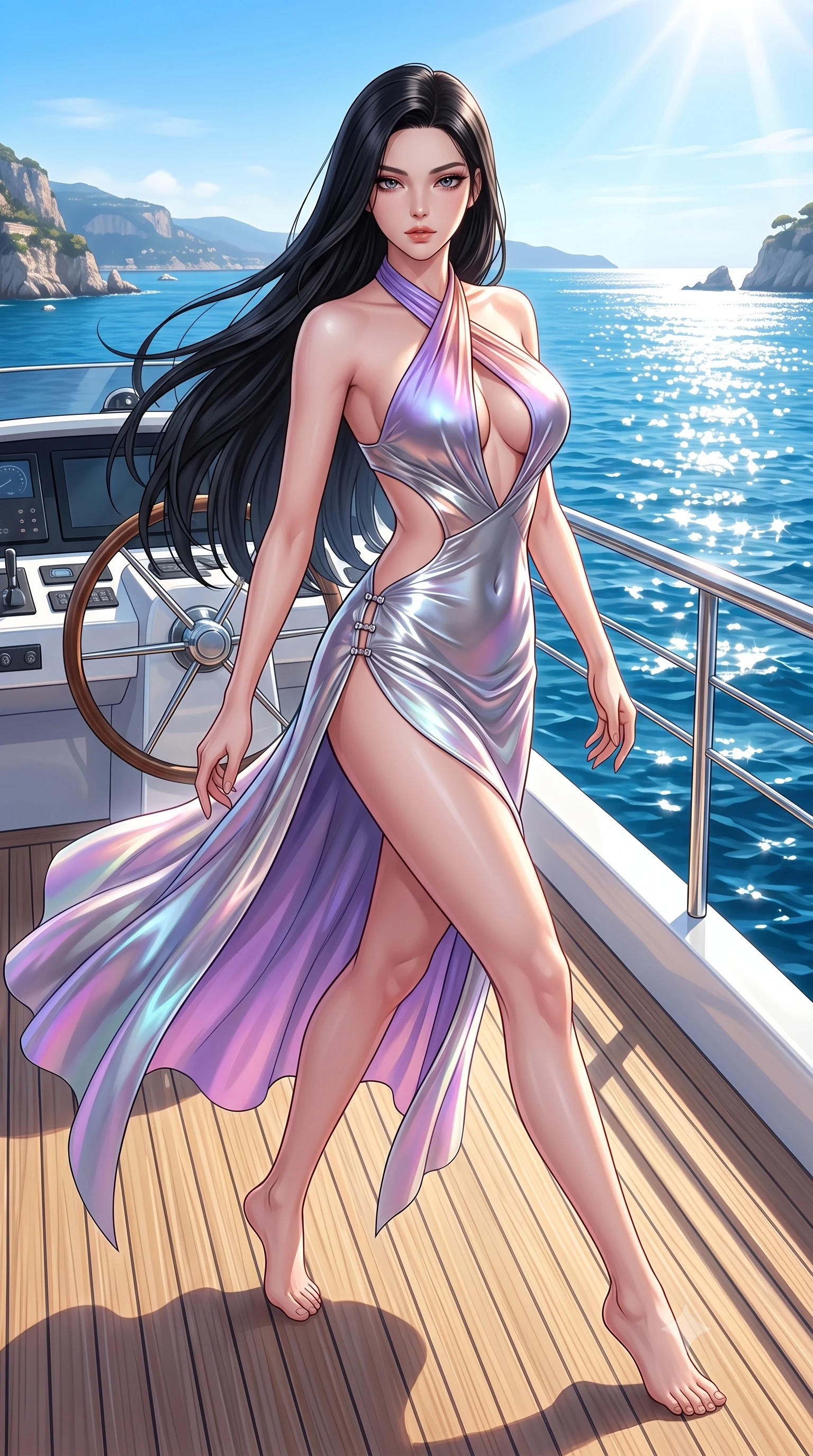 score_9, masterpiece, best quality, ultra-detailed, high-budget anime keyframe, semi-realistic 3D game render, editorial fashion photography, tasteful artistic composition, Korean woman. low angle full-body shot from head to toe showing her feet, filling the entire 9:16 vertical frame with her statuesque presence, stretching her vertical silhouette. pivoting dynamically in mid-motion with a breathtakingly alluring posture, displaying her flawless model proportions and ultra-slim waist while stretching her impossibly long slender legs along the sunlit teak deck with effortless supermodel poise. The surrounding environment is rendered in vivid detail and crisp panoramic clarity. high-contrast luxury maritime aesthetic and sun-drenched coastal views in panoramic precision. She has an absolutely perfect, statuesque 8.5-heads proportion, an exceptionally tall and slender model-like female figure with impossibly long slender legs, a toned flat midriff, and an ultra-slim waist. sharp v-shaped jawline, high-bridge nose, intricate jewel-like eyes with depth, thick eyelashes, glossy lips with a natural sheen, flawlessly proportioned anatomical accuracy, strict slender model proportions, natural body alignment, perfectly sculpted long slender limbs, ultra-slim waistline, clean dynamic posture without body distortion. wearing a molten silver liquid-metal mini dress featuring deep side-waist cutouts and a daring crossover halter neckline in luminous lavender violet and rose gold, made of smooth iridescent silk chiffon that shifts colors with movement, finished with an ultra-high side slit secured by miniature magnetic clasps, the liquid-tight tailored fabric emphasizing every curve of her tall, slender model proportions and sculptured silhouette during dynamic movement. bathed in dazzling midday Mediterranean sunshine and sparkling ocean surface reflections. highly saturated vibrant anime colors, detailed shading with soft gradients, rich glossy textures, high-contrast stereoscopic depth, volumetric dynamic lighting, master piece, 9:16 ratio
