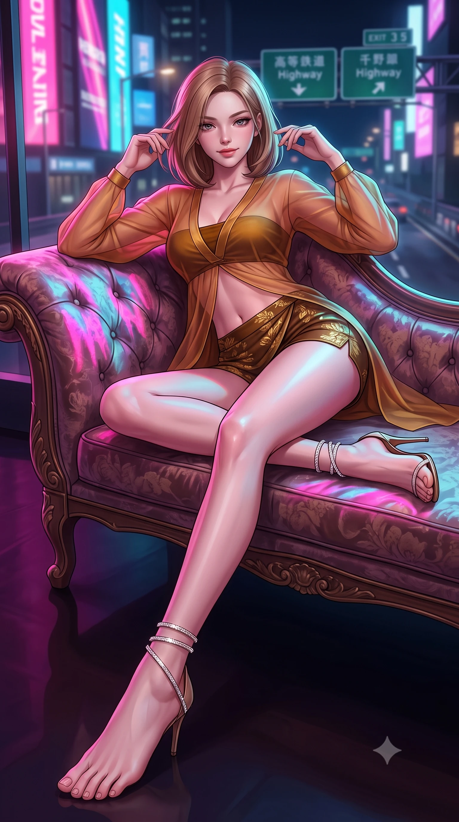 score_9, masterpiece, best quality, ultra-detailed, high-budget anime keyframe, semi-realistic 3D game render, editorial fashion photography, tasteful artistic composition, Korean woman. low angle full-body shot from head to toe showing her feet, filling the entire 9:16 vertical frame with her statuesque presence, stretching her vertical silhouette. reclining gracefully across the plush chaise lounge with one leg extended, her sculpted silhouette and flat midriff radiating magnetic nocturnal glamour while twisting her slender torso in an alluring S-curve, neon billboards casting vibrant magenta and cyan streaks across her narrow waist and hips. The background shows a soft-focus highway overhead gantry signage softened in high-octane retro city shallow focus. She has an absolutely perfect, statuesque 8.5-heads proportion, an exceptionally tall and slender model-like female figure with impossibly long slender legs, an ultra-slim waist, a flat toned midriff, narrow delicate ribcage, and beautifully sculpted feminine hips creating a graceful, slim hourglass silhouette without any bulky heaviness. sharp v-shaped jawline, high-bridge nose, sparkling eyes with hypnotic seductive depth, thick curled eyelashes, glossy parted lips with a natural dewy peach sheen, alluring bedroom-eyes with an enchanting coquettish smile, exuding magnetic siren charisma and sophisticated glamour, flawlessly proportioned anatomical accuracy, strict slender model proportions, natural body alignment, perfectly sculpted long slender limbs, ultra-slim waistline, clean dynamic posture without body distortion. wearing a deep V-neck sheer gossamer hanbok blouse layered over an opaque silk bandeau and high-waisted wrap shorts in warm amber honey and antique gold leaf, made of sheer gossamer chiffon that drapes softly against skin with airy translucence, complemented by strappy stiletto sandals with crystal ankle wraps accentuating her slender calves, the glove-like clinging cut tightly following the natural contour of her hips and long slender legs with youthful 8.5-heads elegance. bathed in dynamic dual-tone neon lighting spilling from towering Japanese billboard displays. highly saturated vibrant anime colors, detailed shading with soft gradients, rich glossy textures, high-contrast stereoscopic depth, volumetric dynamic lighting, master piece, 9:16 ratio
