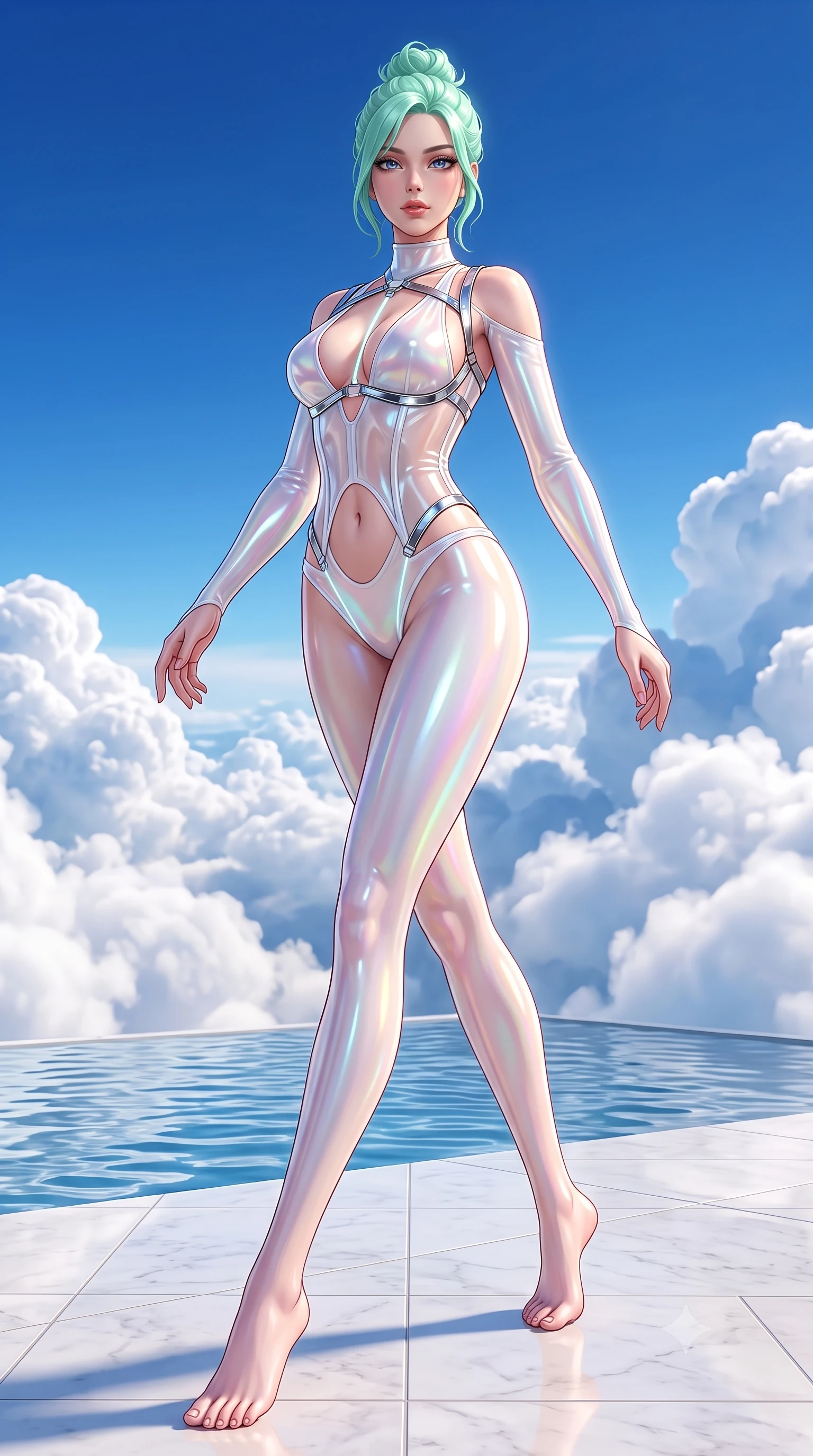 score_9, masterpiece, best quality, ultra-detailed, high-budget anime keyframe, semi-realistic 3D game render, editorial fashion photography, tasteful artistic composition, Japanese woman. low angle full-body shot from head to toe showing her feet, filling the entire 9:16 vertical frame with her statuesque presence, stretching her vertical silhouette. pivoting dynamically in mid-motion with a breathtakingly alluring posture, displaying her flawless model proportions and ultra-slim waist while pivoting dynamically on a polished quartz terrace suspended above rolling white cumulus cloud banks. The surrounding environment is rendered in vivid detail and crisp panoramic clarity. crisp architectural white quartz tiles, infinity pool water ripples, and billowing cloud bank textures in deep focus. She has an absolutely perfect, statuesque 8.5-heads proportion, an exceptionally tall and slender model-like female figure with impossibly long slender legs, a toned flat midriff, and an ultra-slim waist. sharp v-shaped jawline, high-bridge nose, intricate jewel-like eyes with depth, thick eyelashes, glossy lips with a natural sheen, flawlessly proportioned anatomical accuracy, strict slender model proportions, natural body alignment, perfectly sculpted long slender limbs, ultra-slim waistline, clean dynamic posture without body distortion. wearing a translucent cybernetic corset in semi-opaque structured vinyl, combined with detached sleeves and a deep-plunging neckline secured by glowing micro-straps in glistening liquid pearl white with rainbow opalescence, crafted from ultra-reflective second-skin latex with a high-gloss glass-like polish, reinforced by a sleek metallic chrome harness and delicate glowing micro-straps, the precision-cut daring openings accentuating her delicate midriff, graceful bare collarbones, and ultra-slim feminine waistline. surrounded by an exhilarating, elevated, and radiantly sensual cloud-palace aura. highly saturated vibrant anime colors, detailed shading with soft gradients, rich glossy textures, high-contrast stereoscopic depth, volumetric dynamic lighting, master piece, 9:16 ratio
