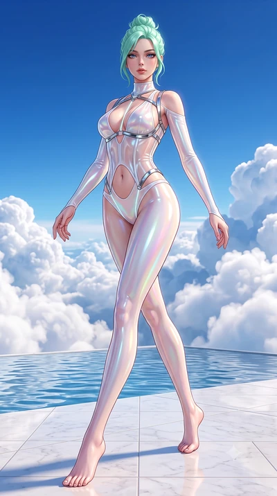 score_9, masterpiece, best quality, ultra-detailed, high-budget anime keyframe, semi-realistic 3D game render, editorial fashion photography, tasteful artistic composition, Japanese woman. low angle full-body shot from head to toe showing her feet, f