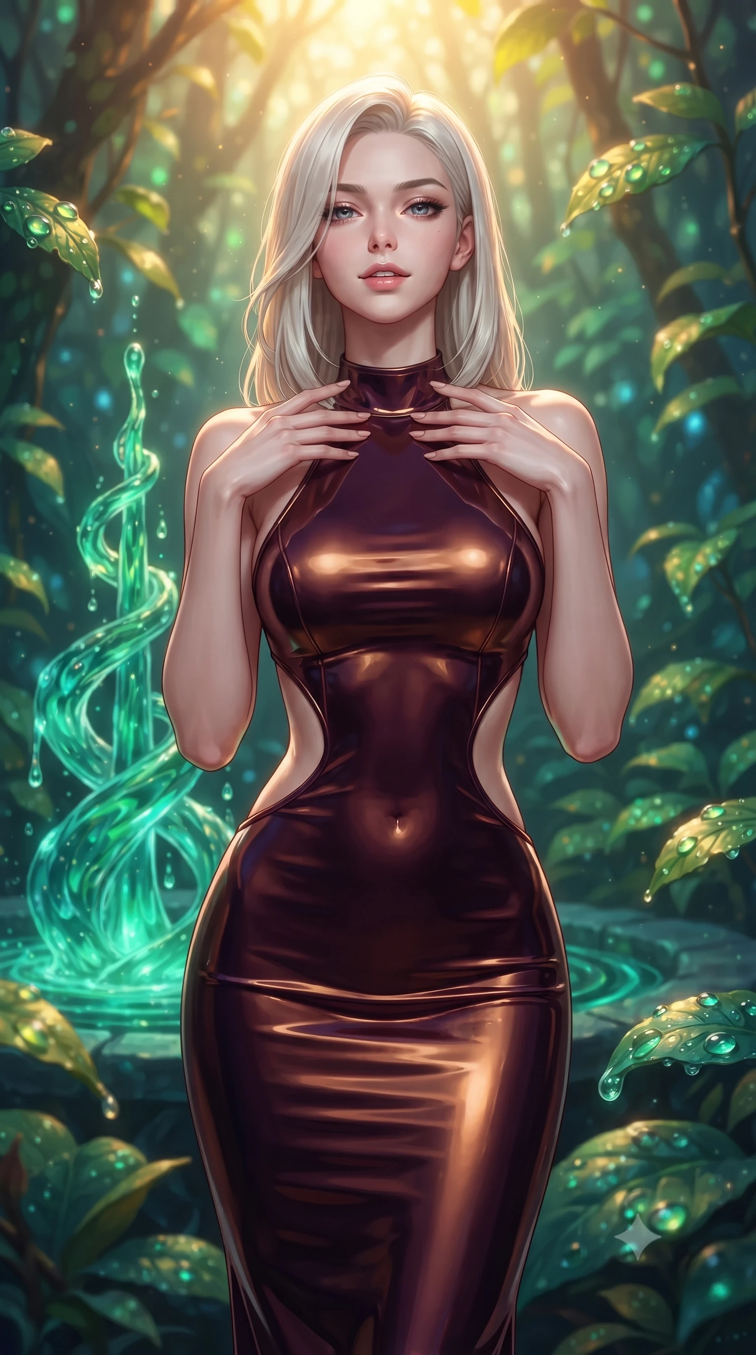 score_9, masterpiece, best quality, ultra-detailed, high-budget anime keyframe, editorial fashion photography, tasteful artistic composition, Caucasian woman. close-up cowboy shot from the waist and thighs up, the character dominates the composition, filling the frame with her large presence, background elements kept in soft focus. Tilting her chin up slightly with lips parted in a magnetic, composed expression standing by a hydro-flow spiral fountain flowing with bioluminescent emerald sap, dewdrops on bioluminescent leaves reflecting vibrant emerald and gold. She has an exceptionally elegant, slender, and willowy female figure with an ultra-slim waist, a gracefully sculpted slender torso, and a refined silhouette. sharp v-shaped jawline, high-bridge nose, intricate jewel-like eyes with depth, thick eyelashes, glossy lips with a natural sheen. wearing a velvet halter-neck midi dress following her form like a glove in deep burgundy and bronze, formed from sleek second-skin neoprene, featuring clean architectural cutouts along her slender torso, the elegant draped fit framing her graceful clavicle and slender torso. bathed in warm golden sunlight and soft emerald bioluminescent glow. ultra-reflective glossy finish, specular highlights, metallic sheen, high-contrast stereoscopic depth, volumetric dynamic lighting, 2k, ultra detail, master piece, 9:16 ratio