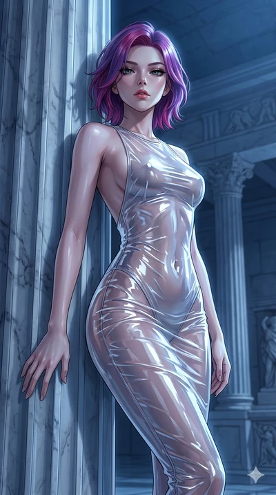 score_9, masterpiece, best quality, ultra-detailed, High-budget Anime Keyframe, East Asian woman. Low angle cowboy shot filling the entire 9:16 frame with her statuesque presence. Scenario 123: Leaning against a cold marble pillar in a moonlit greek 