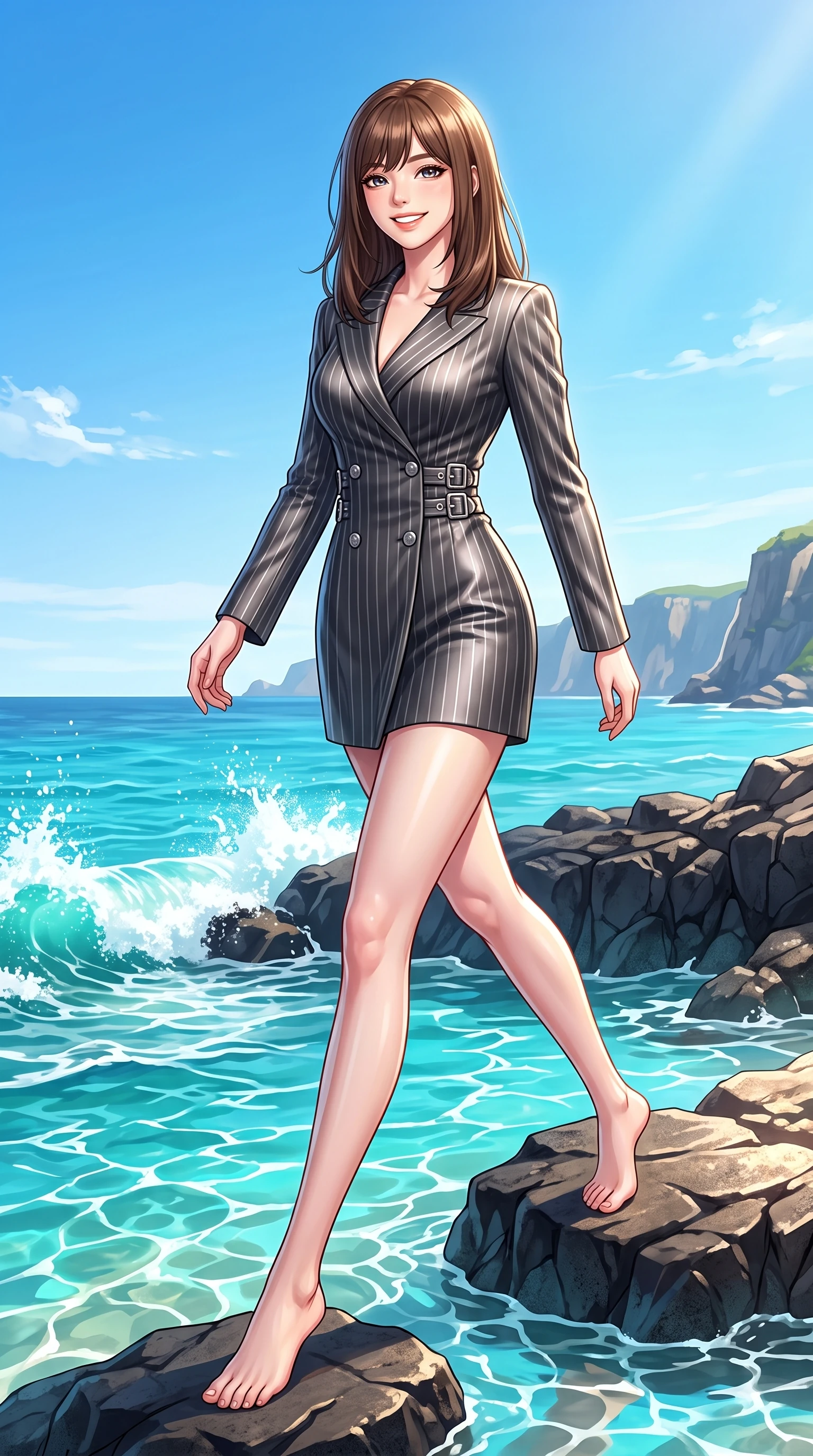score_9, masterpiece, best quality, ultra-detailed, high-budget anime keyframe, editorial fashion photography, tasteful artistic composition, Korean woman. low angle full-body shot from head to toe showing her feet, filling the entire 9:16 vertical frame with her statuesque presence, stretching her vertical silhouette. stepping forward in a proud dynamic stride with a cheerful beaming smile, her vertical silhouette filling the frame while pivoting gracefully on dark basalt sea rocks as turquoise ocean waves splash nearby, crystal-clear turquoise water waves reflecting intense sunny morning refractions. She has an absolutely perfect, statuesque 8.5-heads proportion, an exceptionally tall and slender model-like female figure with impossibly long slender legs and an ultra-slim waist. sharp v-shaped jawline, high-bridge nose, intricate jewel-like eyes with depth, thick eyelashes, glossy lips with a natural sheen, flawlessly proportioned anatomical accuracy, natural body alignment, perfectly sculpted elegant limbs, clean dynamic posture without body distortion. wearing a double-breasted blazer dress with subtle metallic pin-stripes in charcoal grey and platinum, crafted from lustrous satin jersey with fluid draping, detailed with polished silver buckles along the waistline, the sleek second-skin texture accentuating her magnetic presence. surrounded by a fresh, sun-drenched, and relaxing vacation atmosphere. highly saturated vibrant anime colors, detailed shading with soft gradients, rich glossy textures, high-contrast stereoscopic depth, volumetric dynamic lighting, master piece, 9:16 ratio