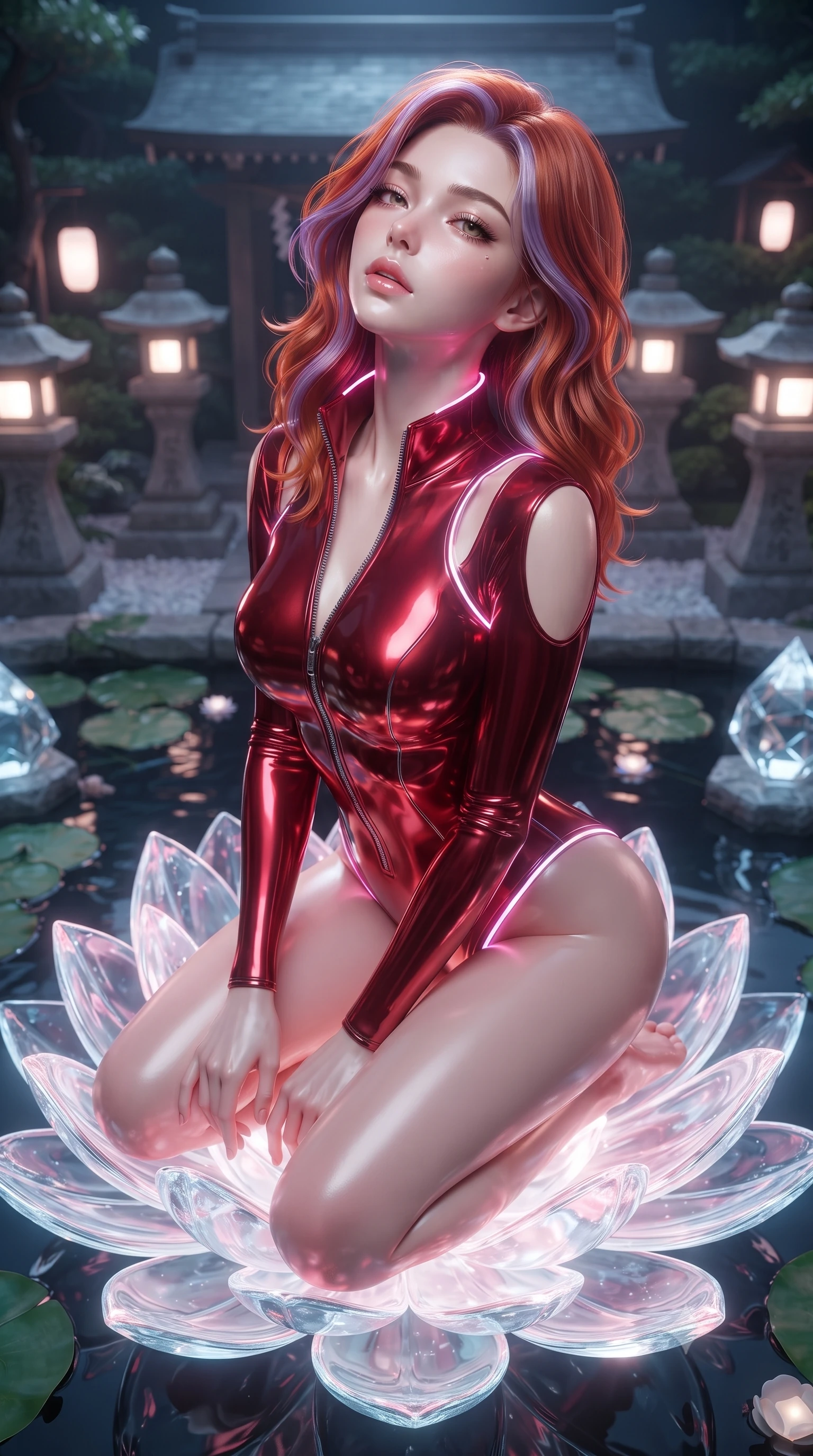 score_9, masterpiece, best quality, ultra-detailed, high-budget anime keyframe, editorial fashion photography, tasteful artistic composition, Caucasian woman. close-up cowboy shot from the waist and thighs up, the character dominates the composition, filling the frame with her large presence. tilting her head back with a sensual alluring expression, exposing her throat and shoulders to the camera with heavy lashes and softly parted glossy lips while kneeling gracefully on a giant glowing glass lotus blossom floating in a tech-temple pond. The surrounding environment is rendered in vivid detail and crisp panoramic clarity. sharp temple pond reflections, stone shrine lanterns, and geometric glass carvings in high resolution. She has an exceptionally elegant, slender, and willowy female figure with an ultra-slim waist, a gracefully sculpted slender torso, and a refined silhouette. sharp v-shaped jawline, high-bridge nose, intricate jewel-like eyes with depth, thick eyelashes, glossy lips with a natural sheen, flawlessly proportioned anatomical accuracy, natural body alignment, perfectly sculpted elegant limbs, clean dynamic posture without body distortion. wearing a form-fitting top made of molten liquid-mercury fabric that clings to her curves, with strategic tear-drop shoulder cutouts and a dangerously unzipped front collar in deep ruby red and polished chrome accents, made of liquid metal jersey that clings flawlessly to every contour of her build, accented with glowing fiber-optic seams tracing her collarbones and hip curves, the sleek aerodynamic cut emphasizing her magnetic presence and alluring physical grace. illuminated by soft glowing white ambient lights and sharp pink side key lights tracing her neck and waist. ultra-reflective glossy finish, specular highlights, metallic sheen, high-contrast stereoscopic depth, volumetric dynamic lighting, 2k, ultra detail, master piece, 9:16 ratio