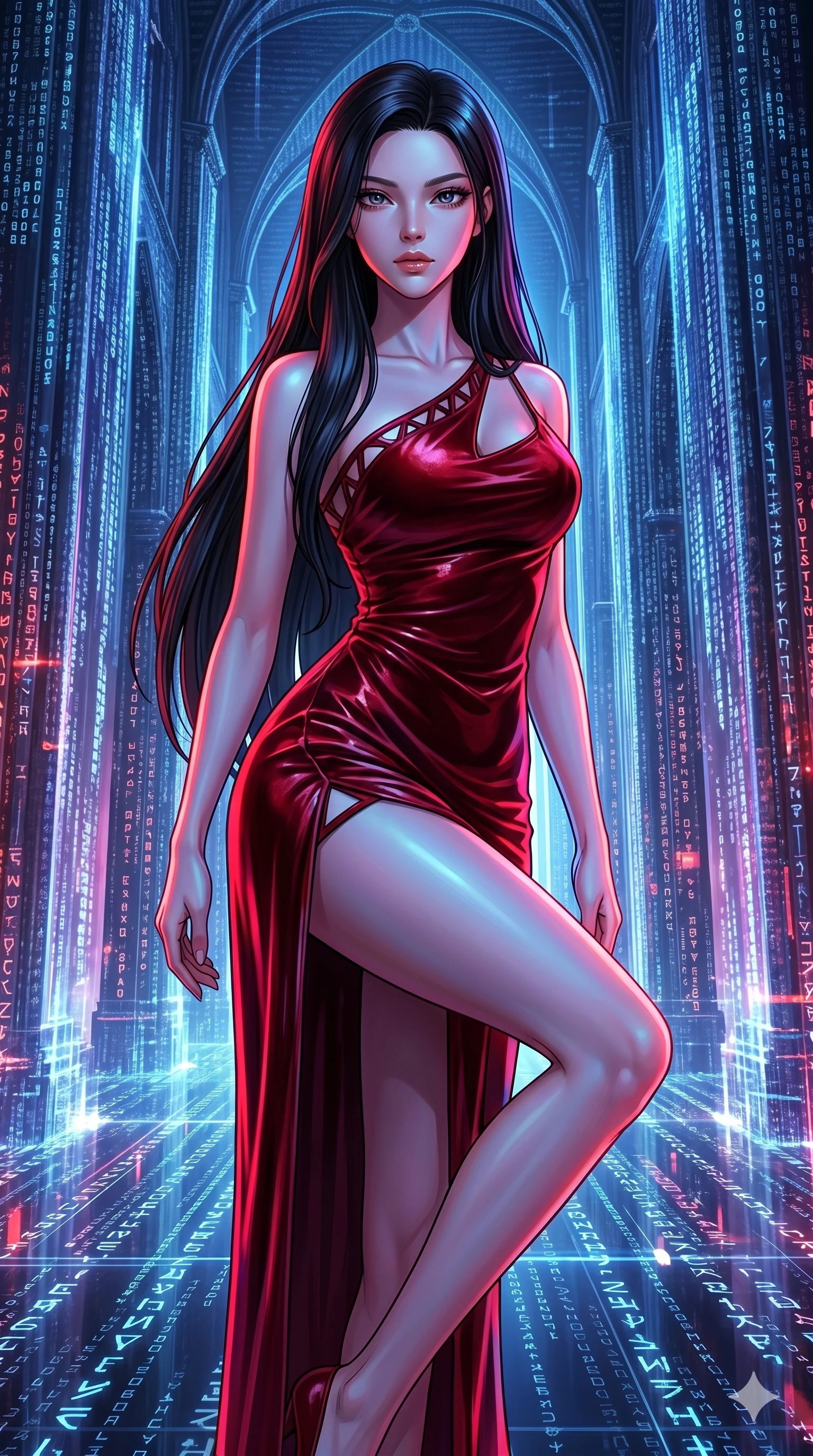 score_9, masterpiece, best quality, ultra-detailed, high-budget anime keyframe, editorial fashion photography, tasteful artistic composition, Korean woman. upper body close-up from the thighs up, character filling the screen for maximum presence. twisting her body around through a digital cathedral with towering pillars made of cascading cyber-code as glowing runes and symbols fade in and out on the ground. She has an absolutely perfect 8-heads proportion, an exceptionally tall and slender female figure with impossibly long slender legs and an ultra-slim waist. V-shaped jawline, high-bridge nose, intricate jewel-like eyes with depth, thick eyelashes, glossy lips with a natural sheen.. wearing an asymmetric liquid velvet slip dress, featuring a wet-look deep crimson red velvet one-shoulder mini slip with asymmetric geometric cutout trim. lit by high-contrast neon strobes that carve out her dynamic posture and V-shaped jawline. 2k, ultra detail, master piece, 9:16 ratio
